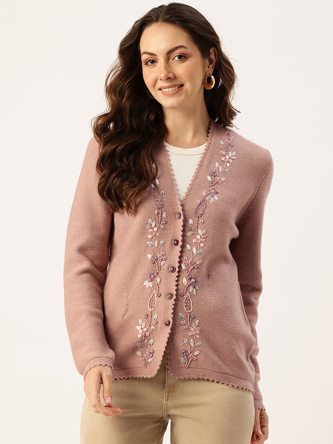 APSLEY Floral Embroidered Button-Down Cardigan with Embellished Detail
