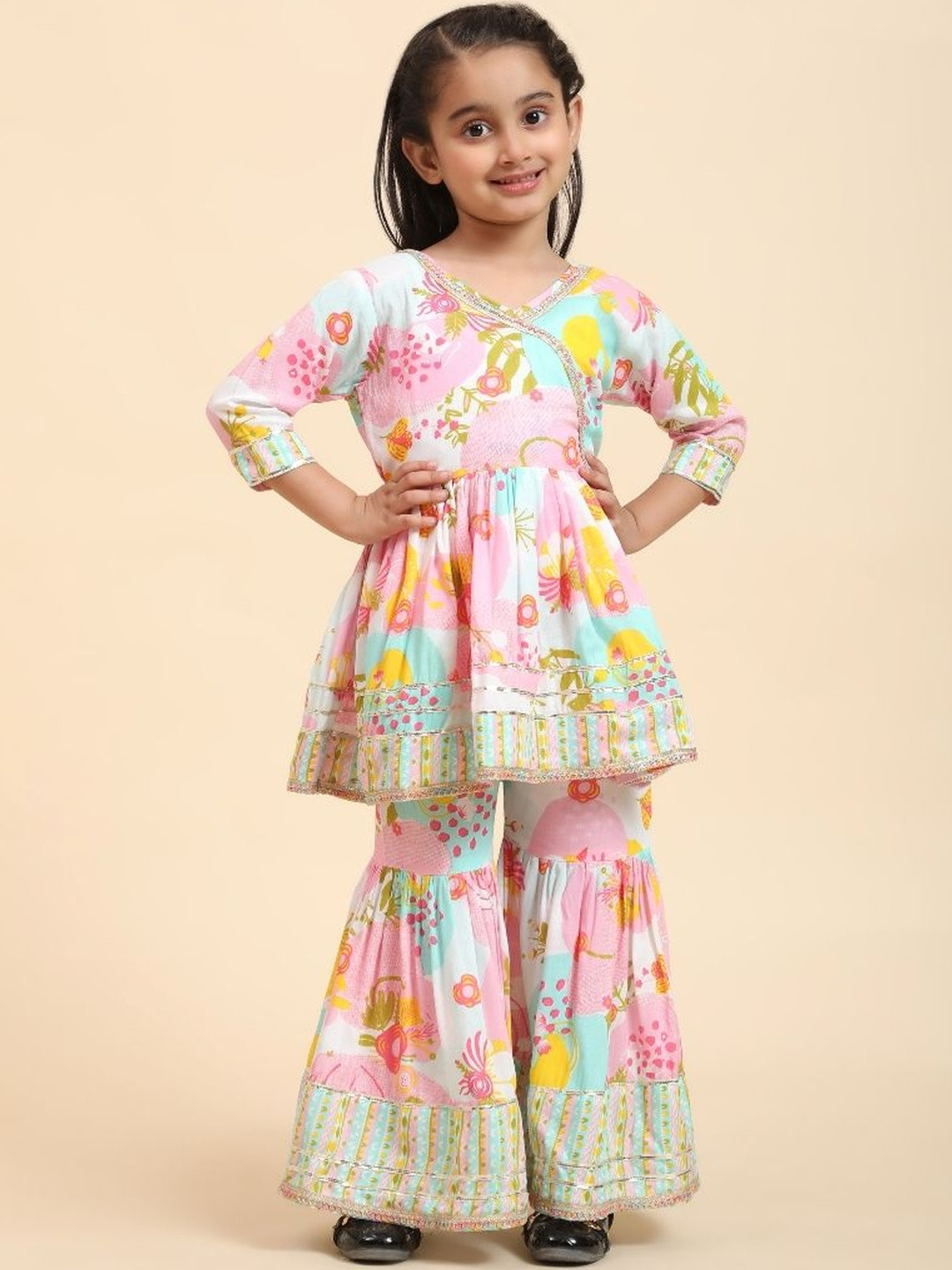 PAVITRA Girls Floral Printed Regular Gotta Patti Kurti with Sharara