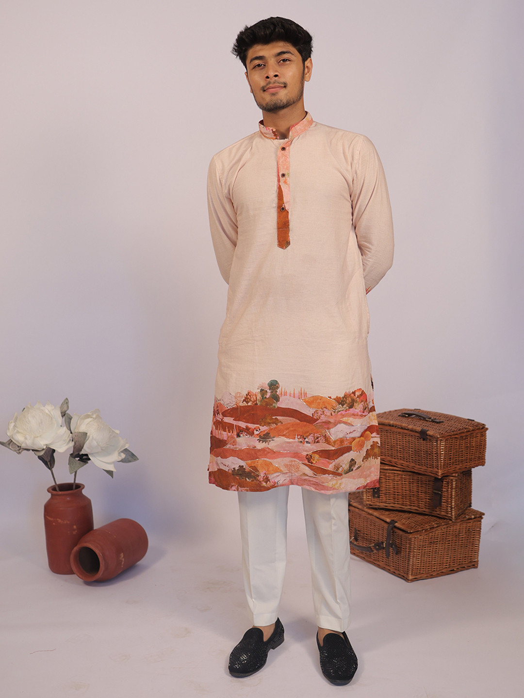House Of Sanskruti Men Floral Printed Festive Cotton Straight Kurta