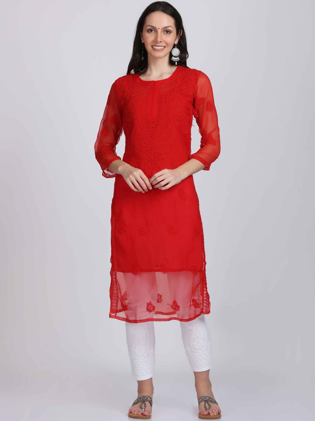 KHAKA Women Ethnic Motifs Self Design Round Neck Chikankari Kurta with Trousers & Dupatta