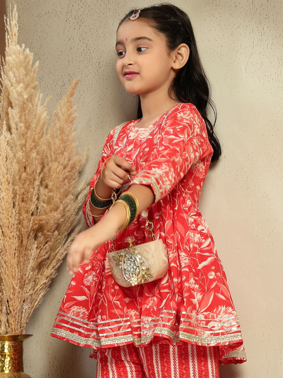 Sangria Girls Floral Printed Round Neck Pleated Anarkali Pure Cotton Kurta With Sharara
