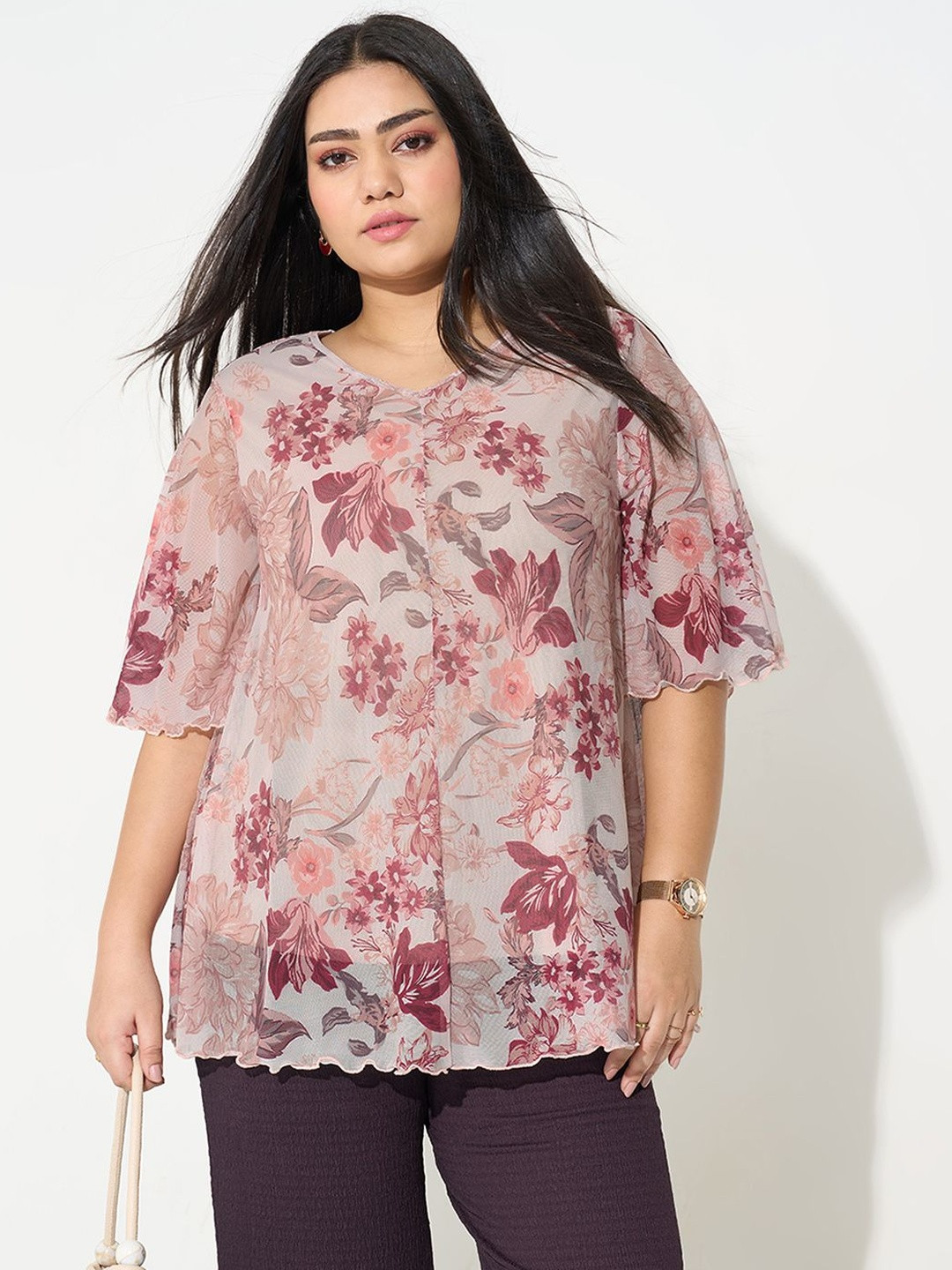 Honey Curvytude by Pantaloons Floral Printed Flared Sleeve Ruffles Top