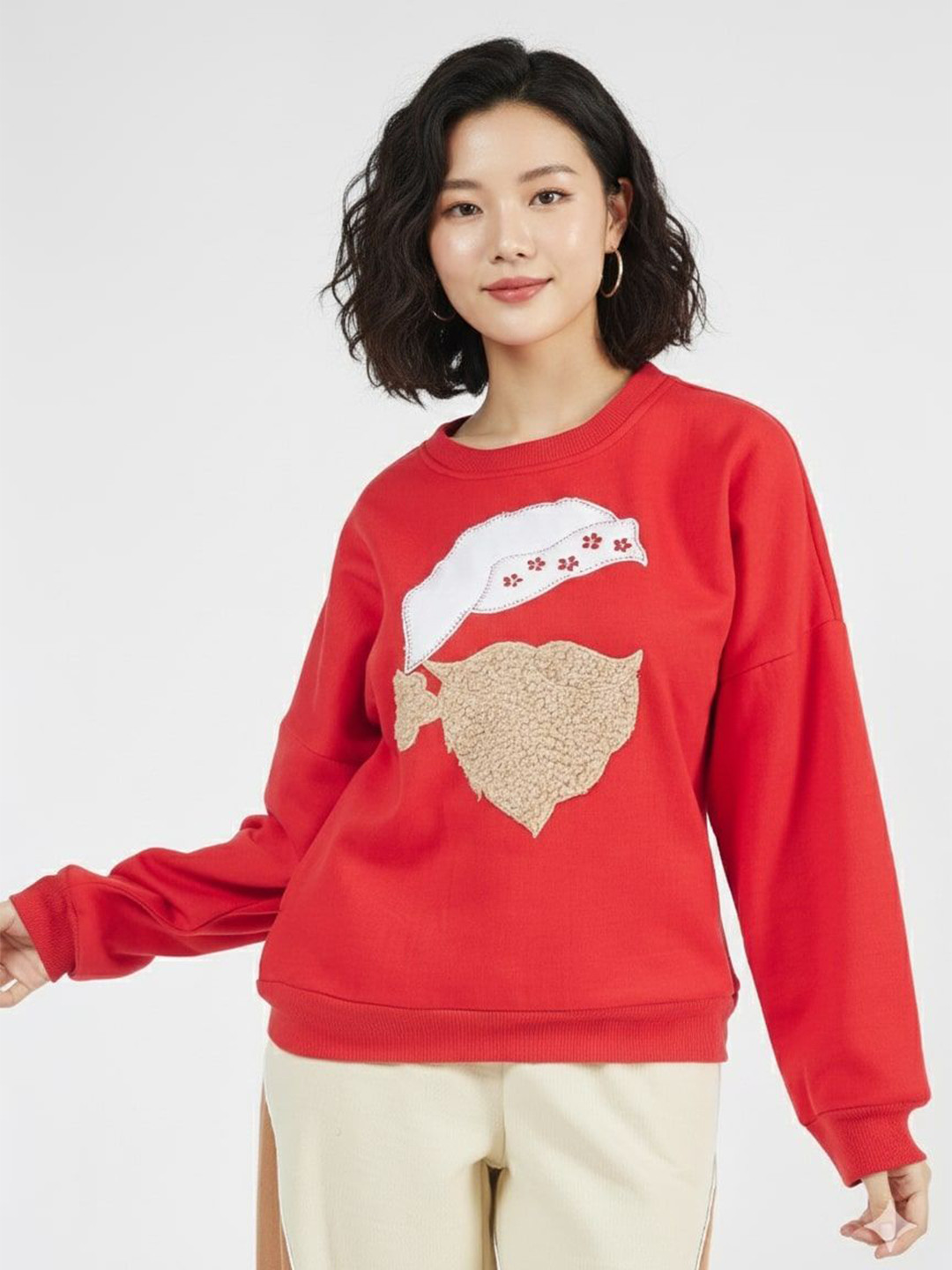 Pookiie Women Applique Red Santa Claus Embroidered Pullover Sweatshirts