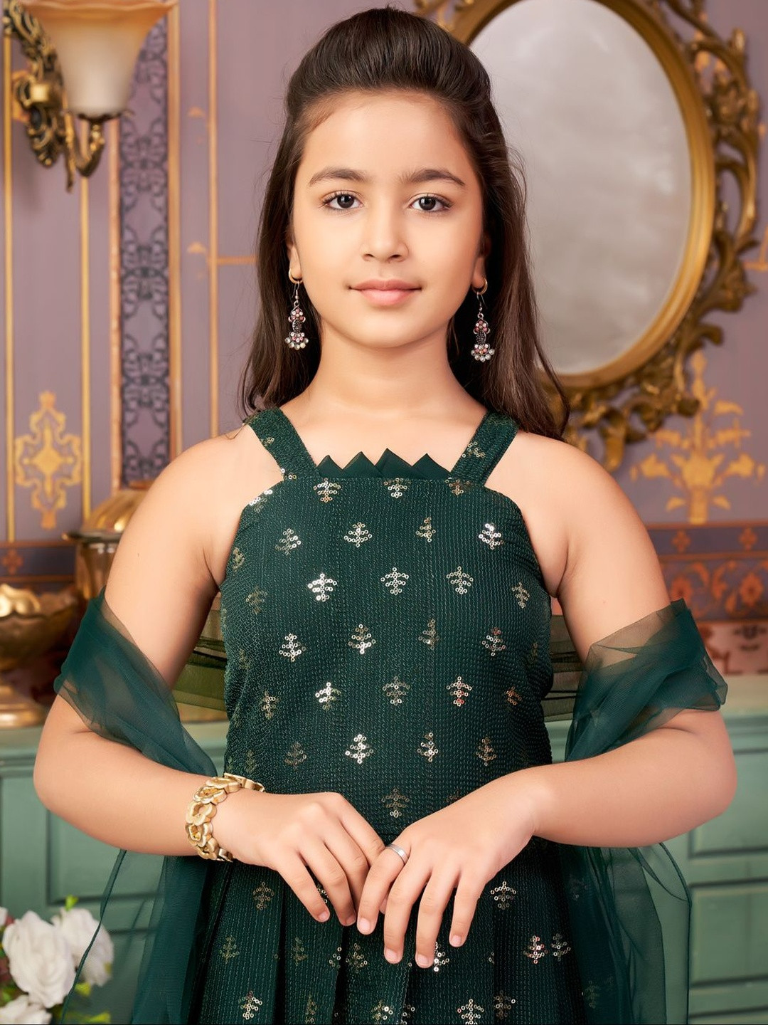 BAESD Girls Woven Design Embroidered Sequinned Kurta with Sharara & Dupatta