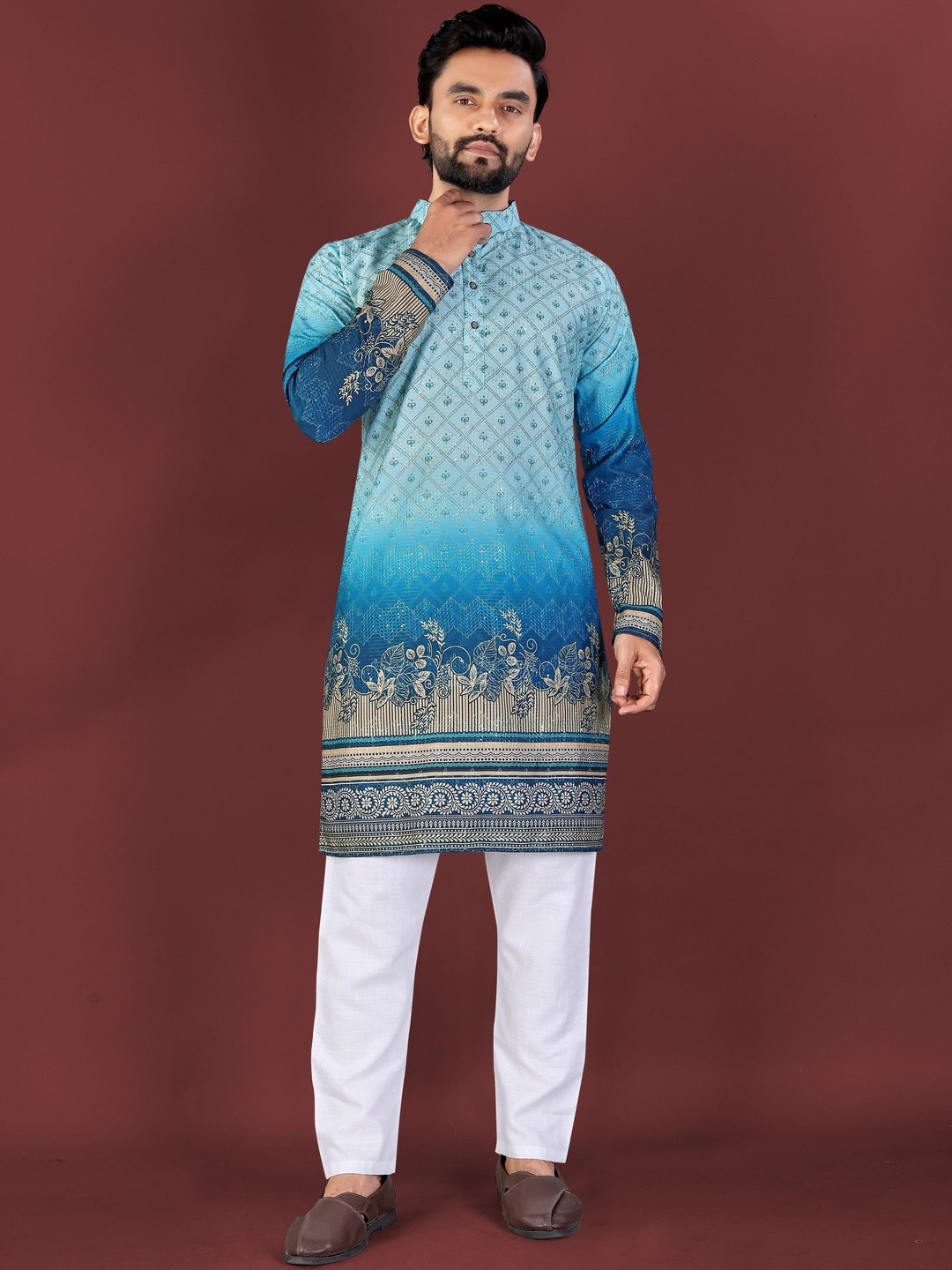 KRIJET Men Printed Sequinned Work Kurta With Pyjamas