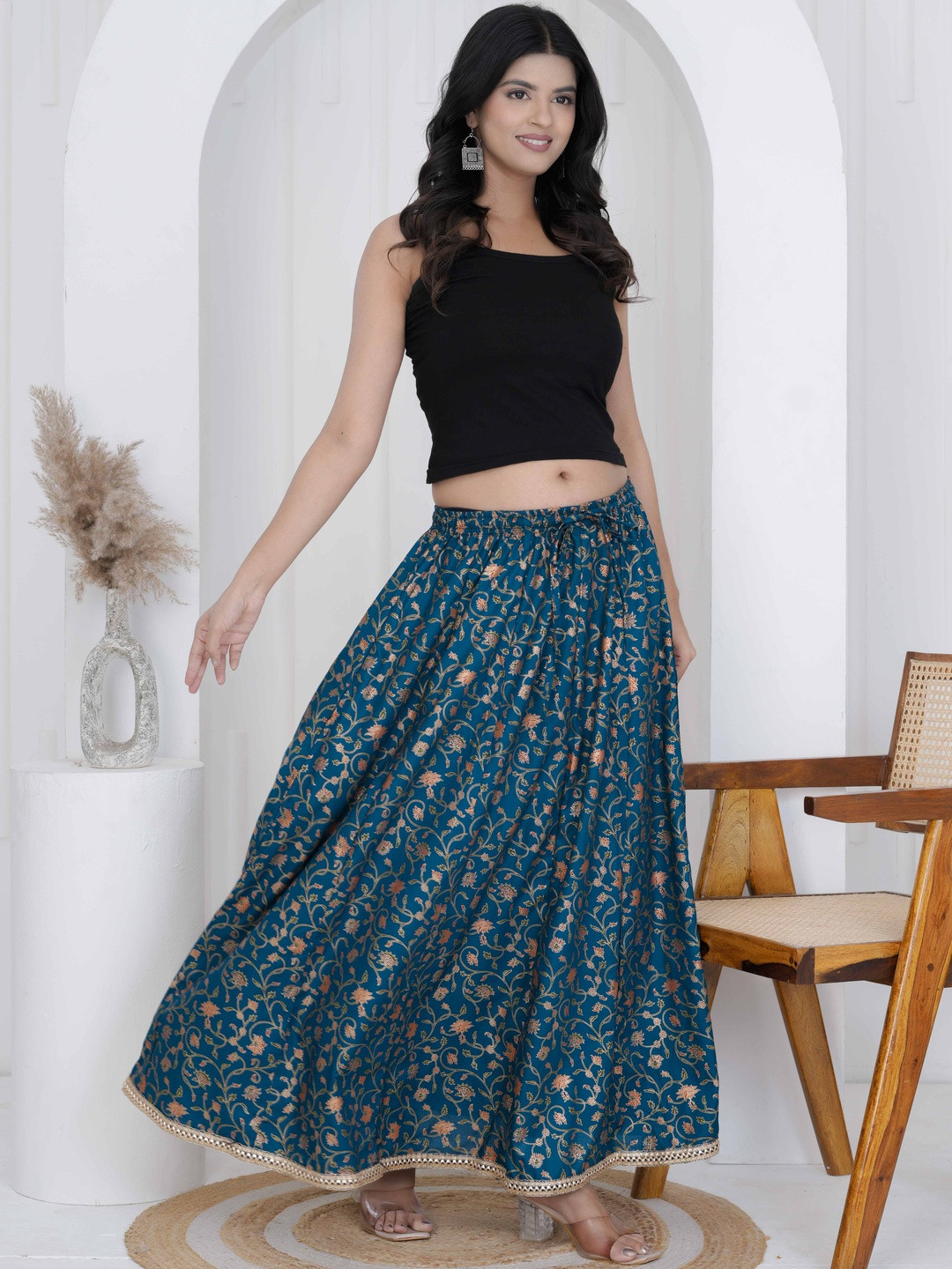 MEHKFAB Women Teal Blue Floral Printed Rayon Flared Skirt