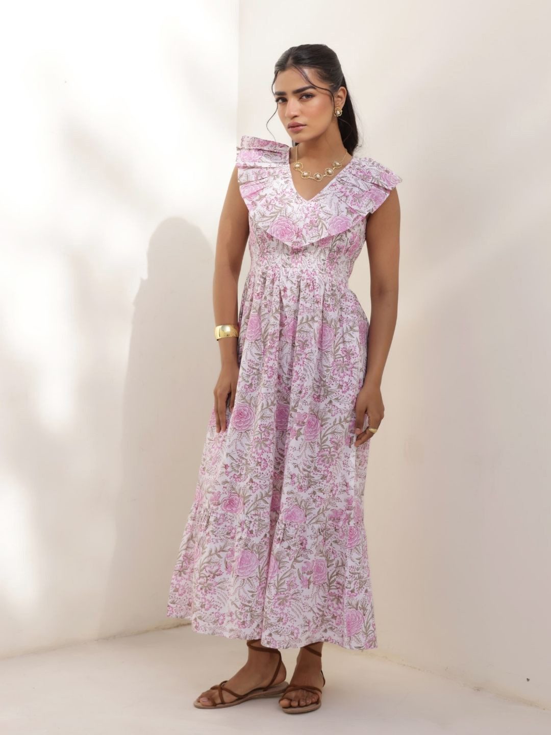 Tasya India NAURU Women Floral Print Flutter Sleeve Cotton Fit And Flare Midi Dress