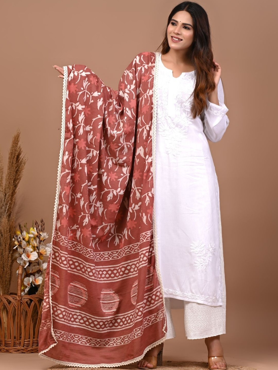 Suha Rust Cotton Mulmul Dabu Technique Ethnic Dupatta