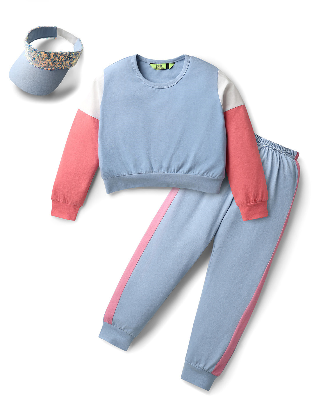 YK Girls Color Block Jersey Pure Cotton Top With Jogger And Sequence Cap Set