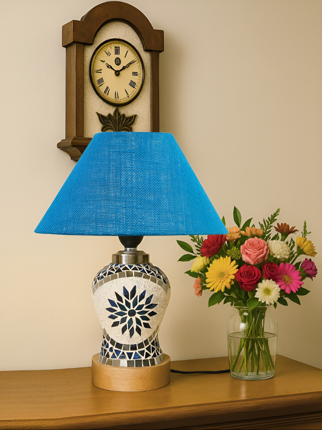 Devansh Turquoise Blue & White Textured Glass Frustum Shaped Table Lamp