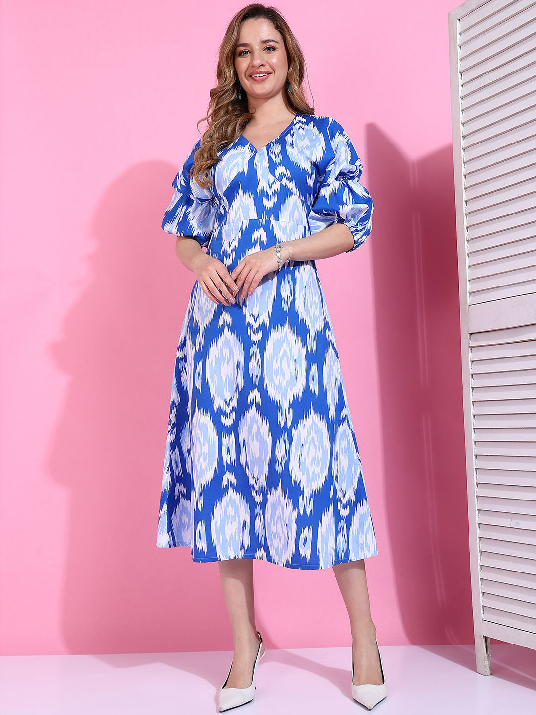 Golden Kite Ikat Printed Cotton Puff Sleeve A-Line Midi Dress