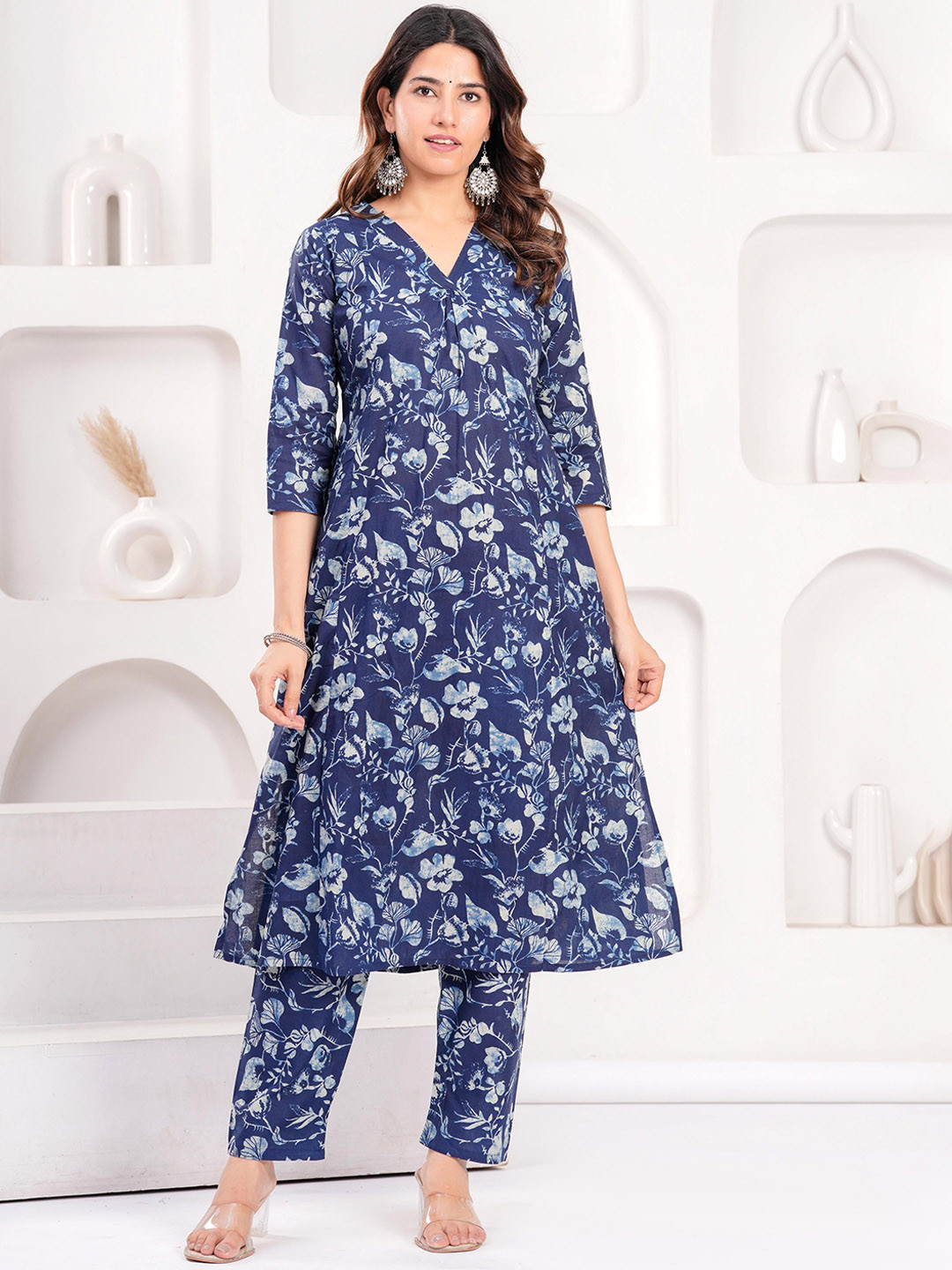 KEIYONA Navy Blue Printed V-Neck Tunic with Trousers