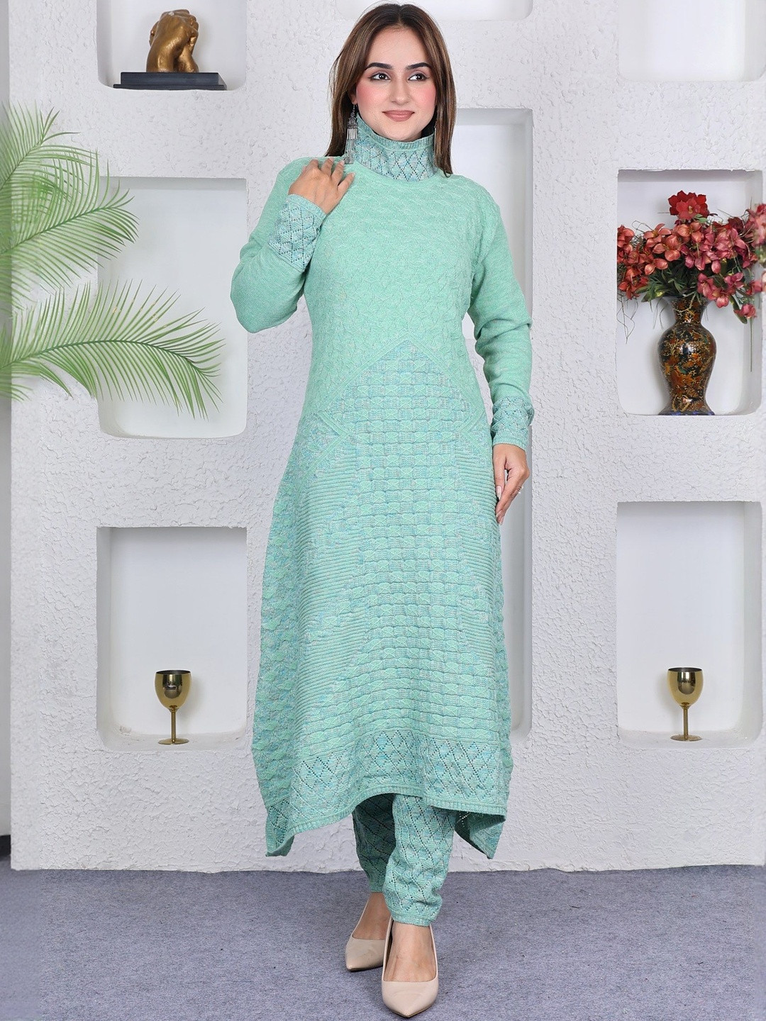 KNITZY Women Self Design High-Neck Pure Wool Kurta with Palazzos