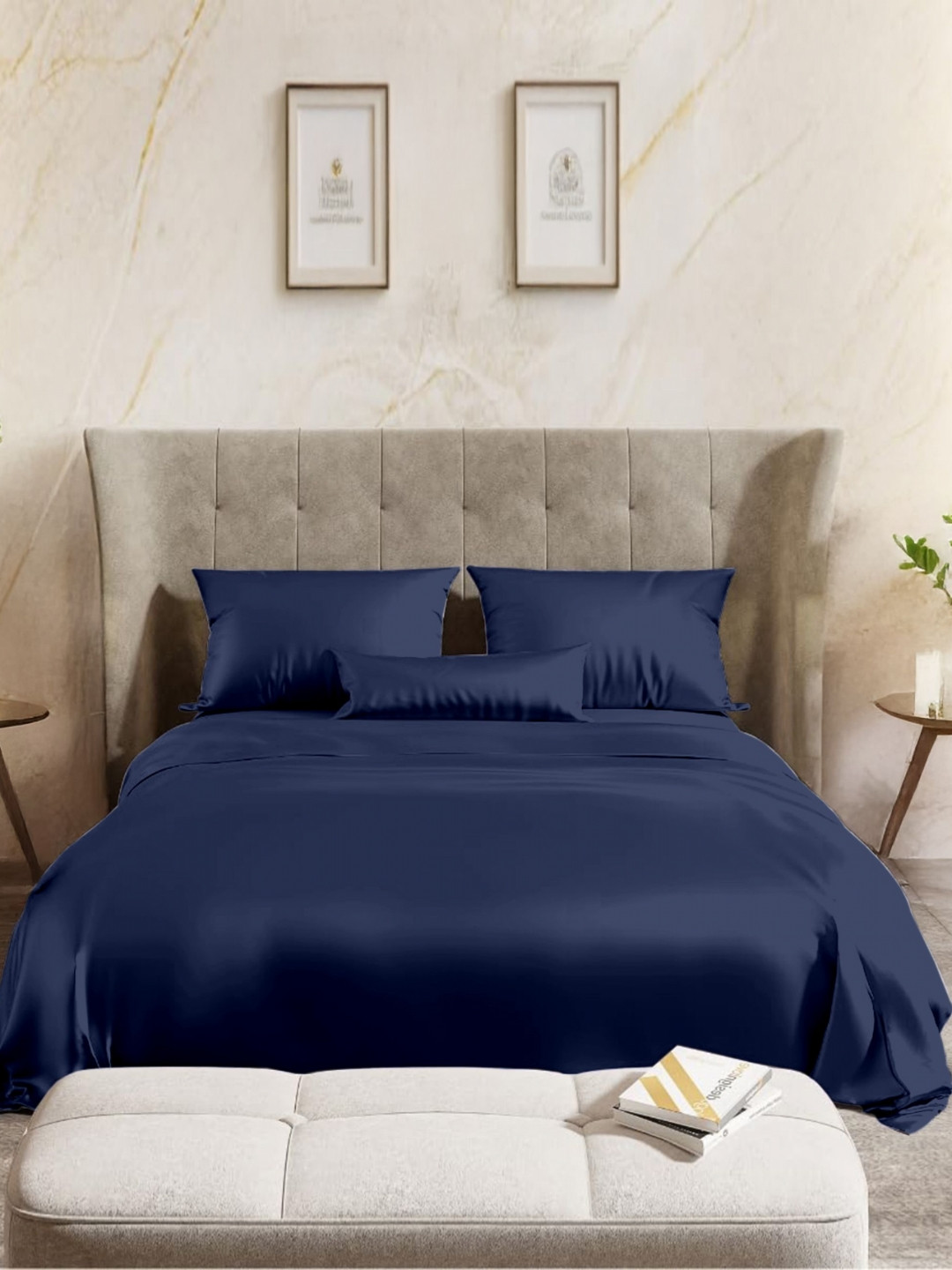 BED LINEN Navy Blue Satin 144 TC Queen Bedsheet Set 2.54 m x 2.28 m
