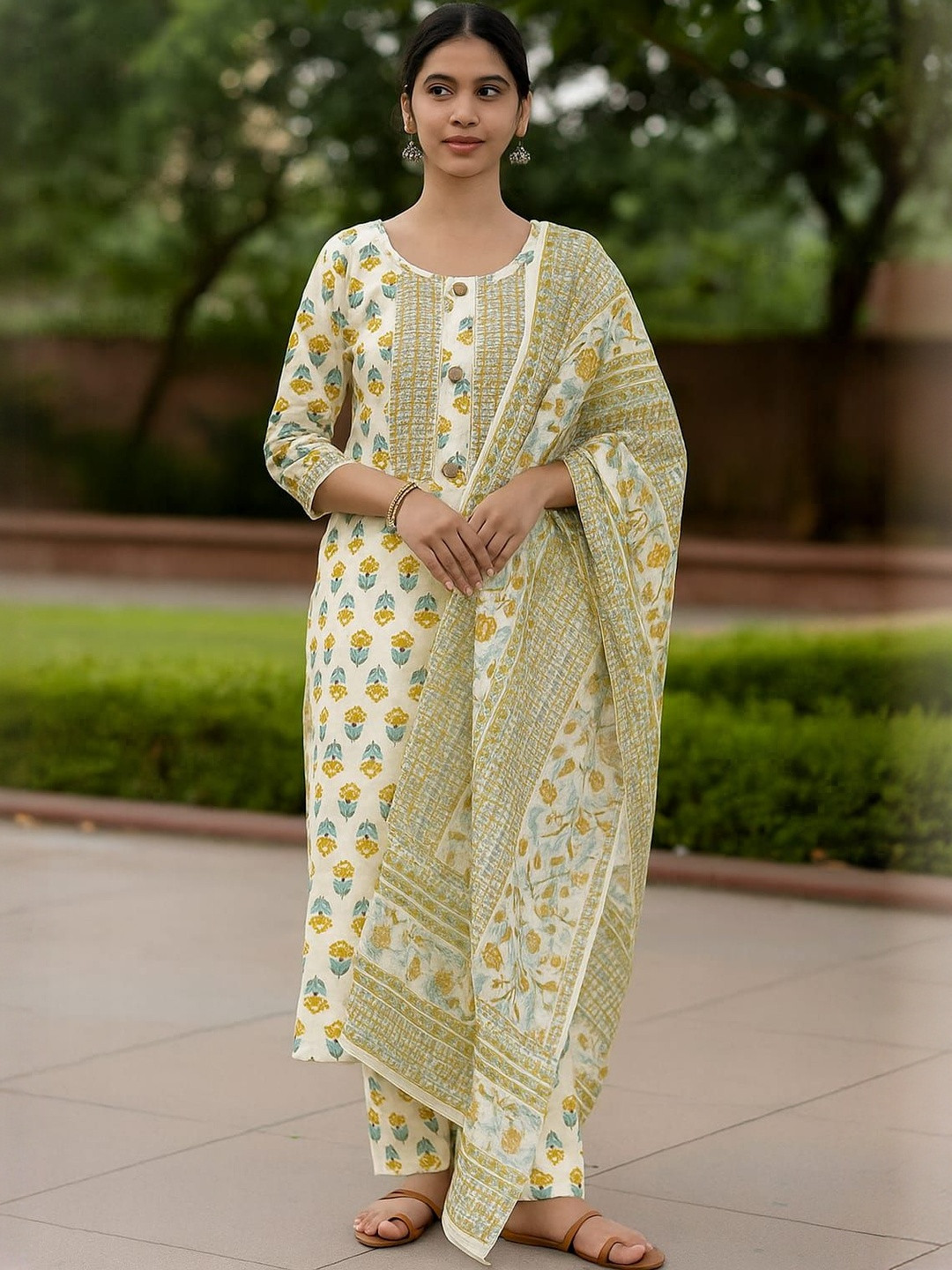 Agarwal Saree Floral Printed Cotton Silk Kurta With Trousers &  Dupatta