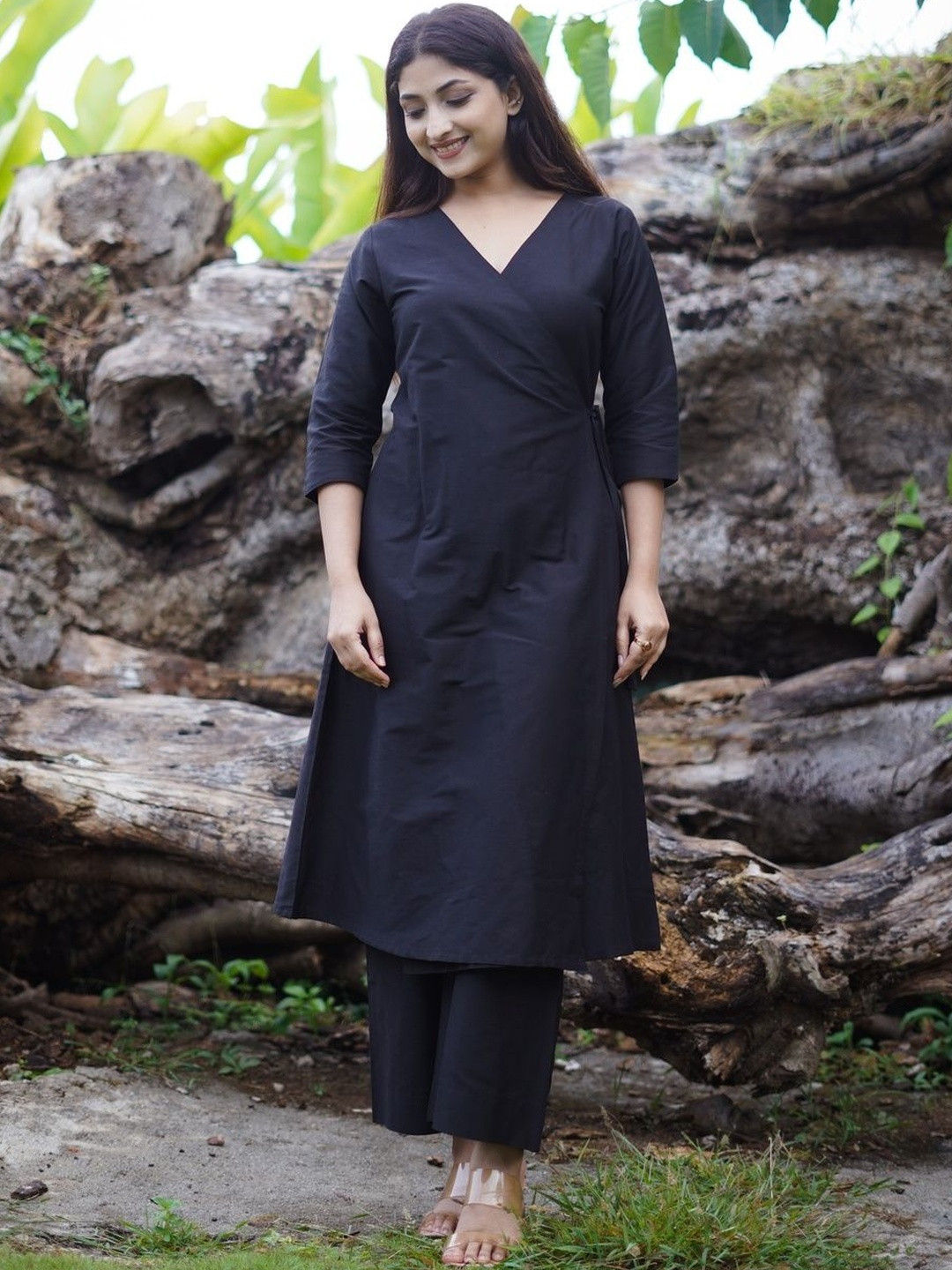 ETHNIC ELEMENTS Women Solid Cotton A-Line Kurta with Trousers