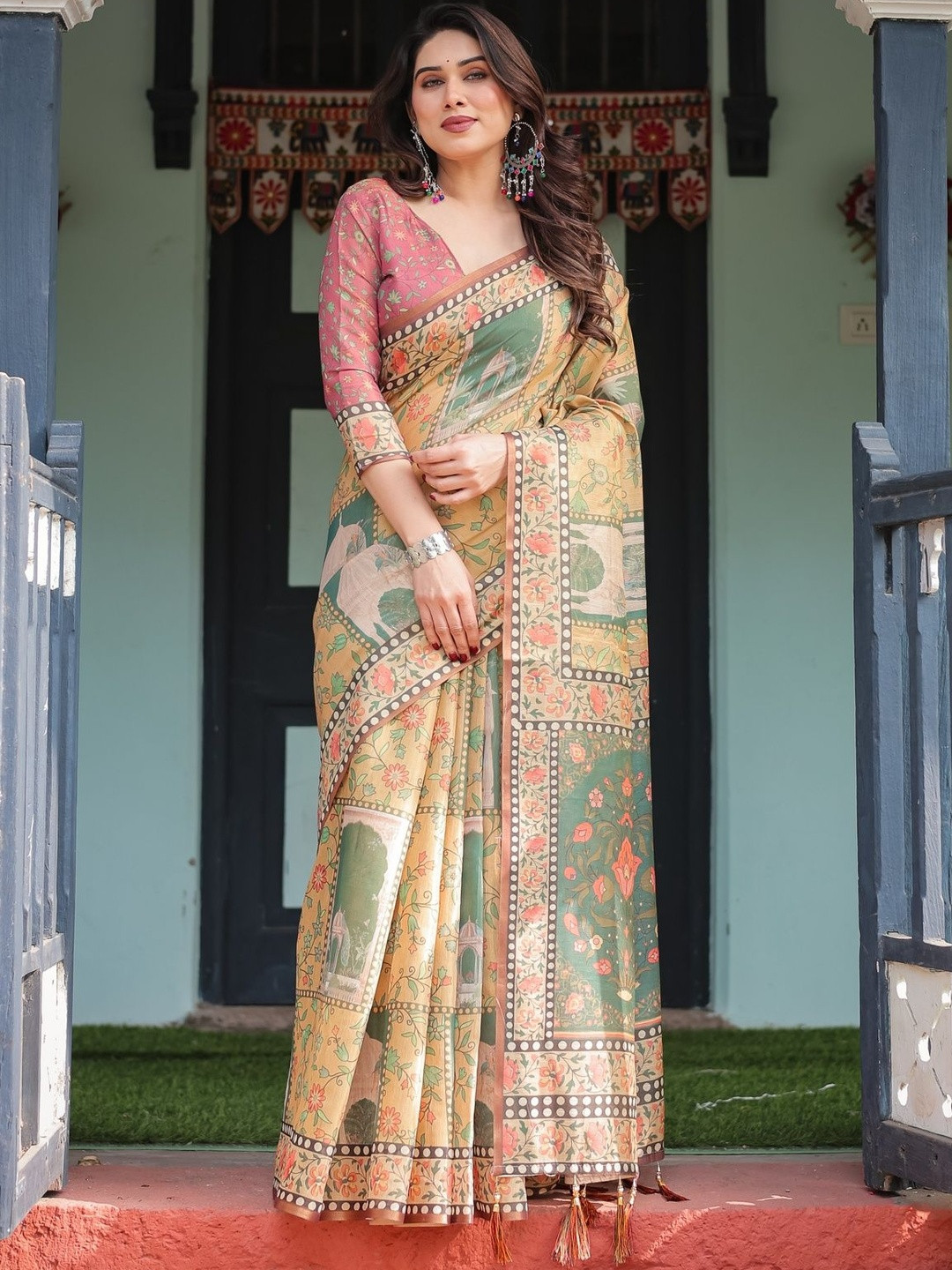 MAHARANI COUTURE Kalamkari Printed Pure Cotton Saree With Blouse & Decorative Tassels