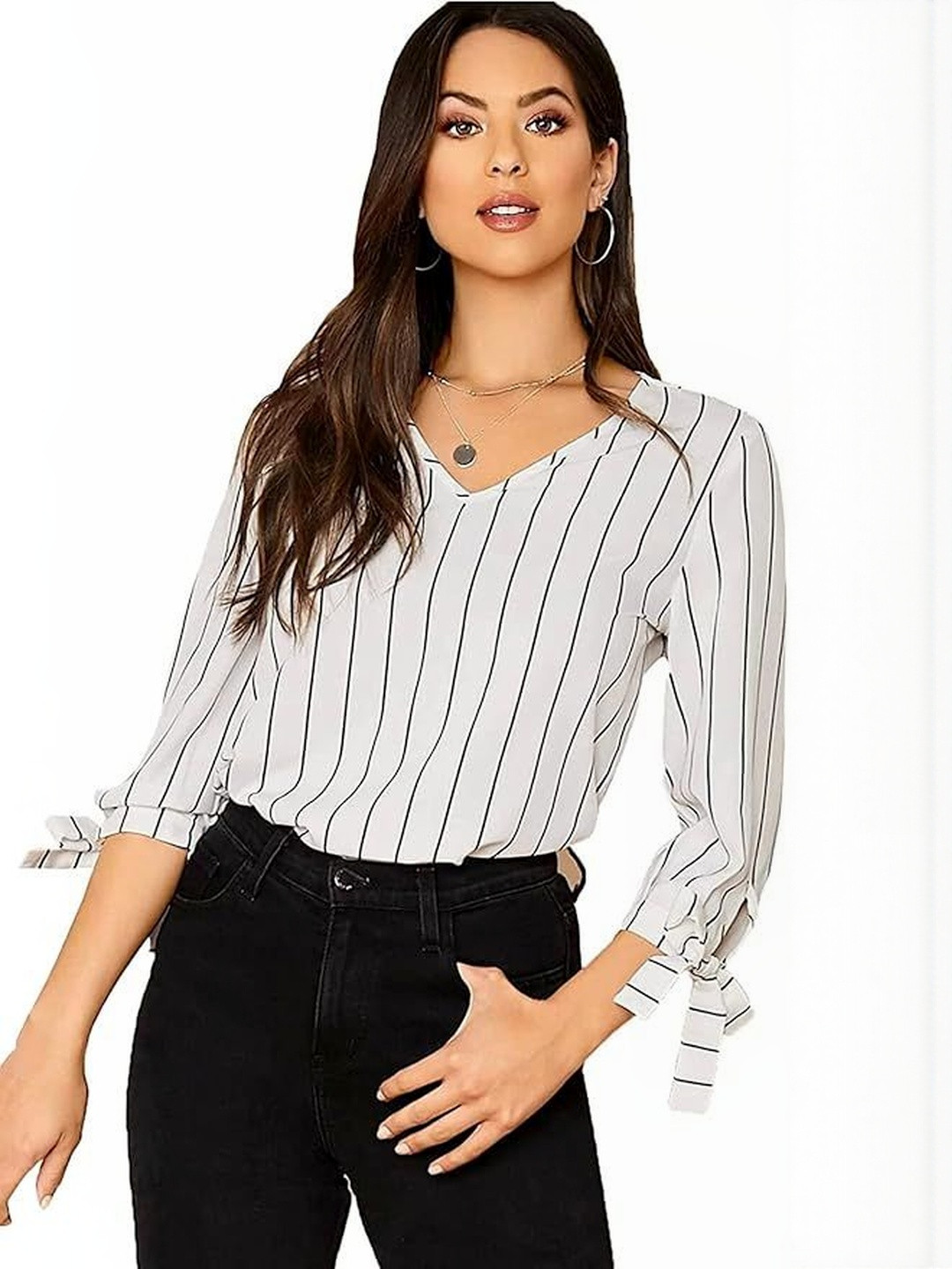 Nigel Designer Women V Neck Striped Bow Tie Sleeve Top