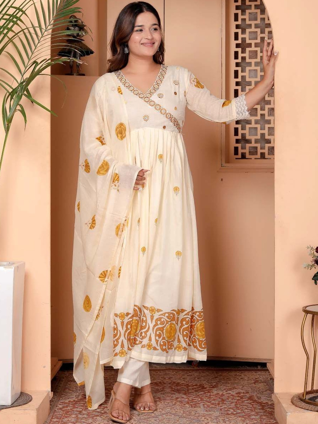 AFFO Floral Printed V-Neck Angrakha Anarkali Kurta With Trousers & Dupatta