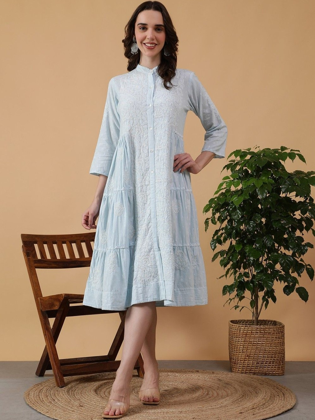 SEMAL HANDICRAFTS Floral Chikankari Embroidered A-Line Midi Dress