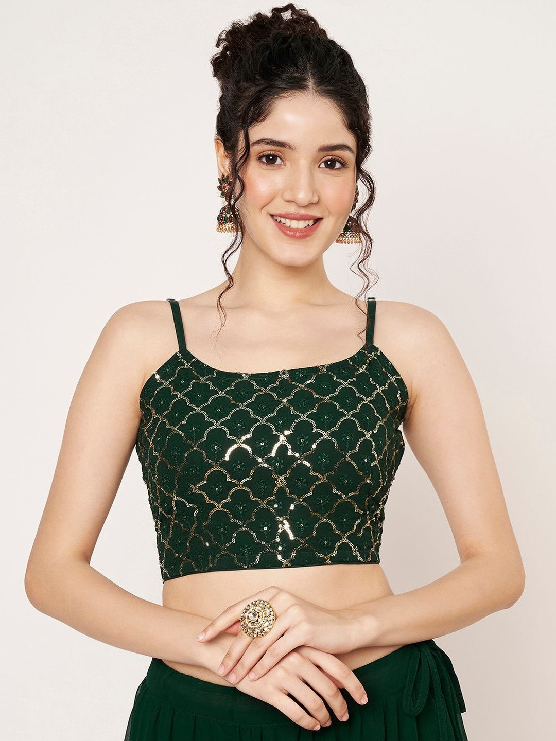 studio rasa Women Embroidered Sequined Ethnic Shoulder Straps Sleeveless Opaque Top