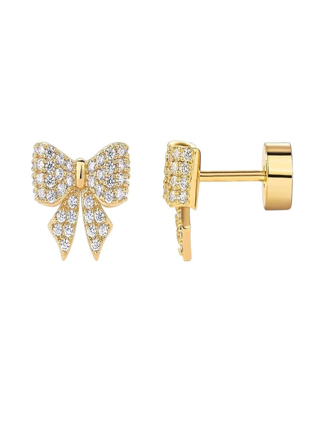 AQUASTREET 14K Gold Plated Anti-Tarnish Bow Zircon Flat Back Stud Earrings