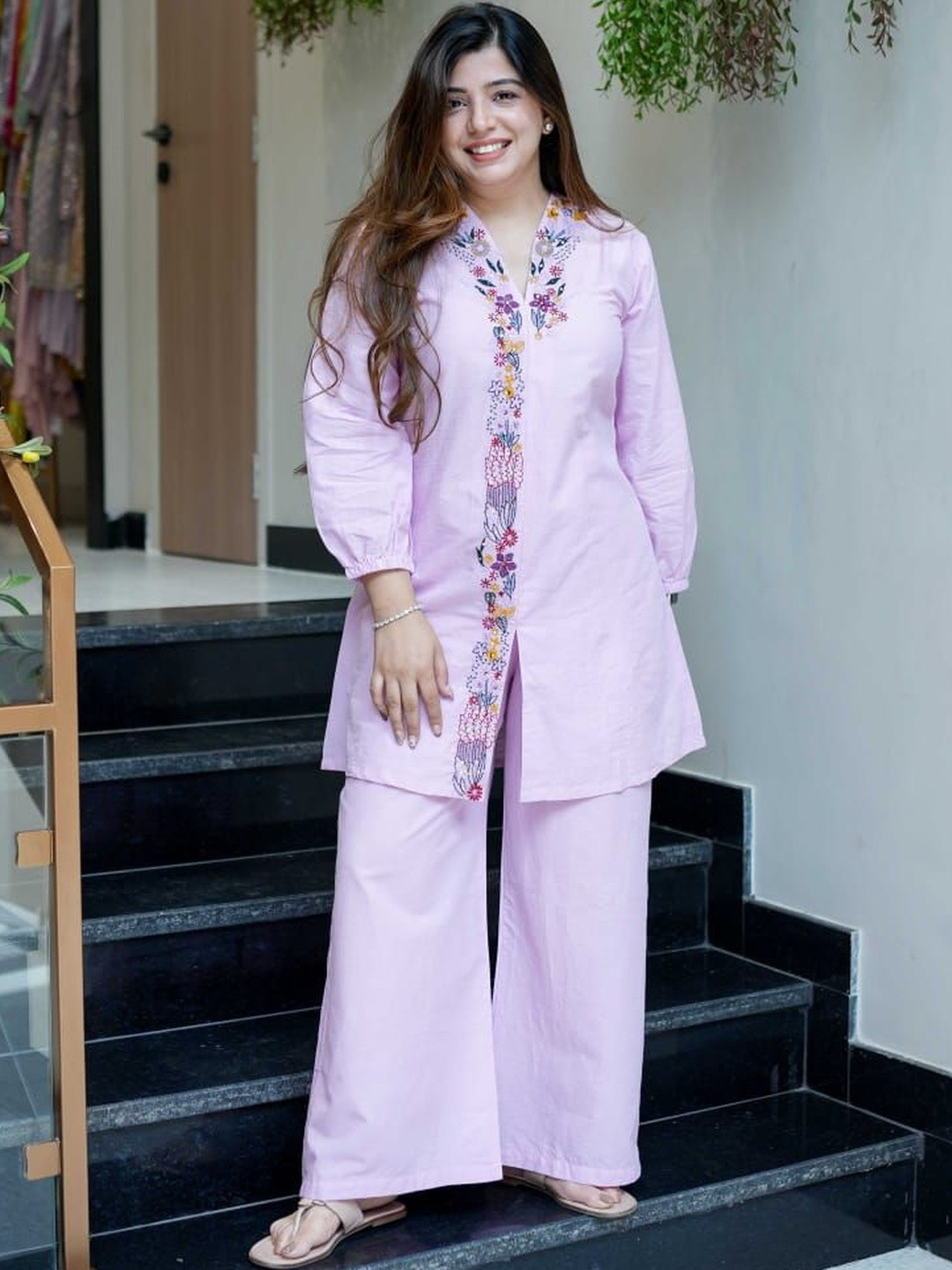 WATAY Floral Embroidered Sequinned Pure Cotton A-Line Kurta With Palazzos