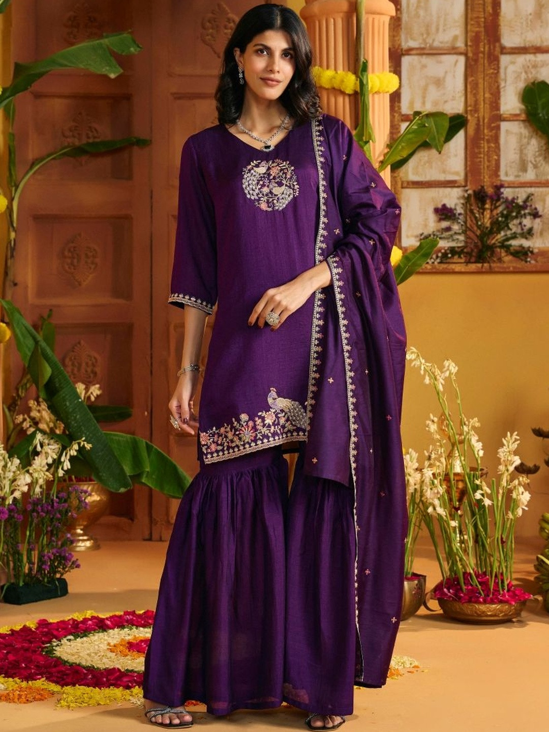 JAIPUR KURTI LUXE Floral Embroidered V-Neck Zari Kurta With Sharara & Dupatta