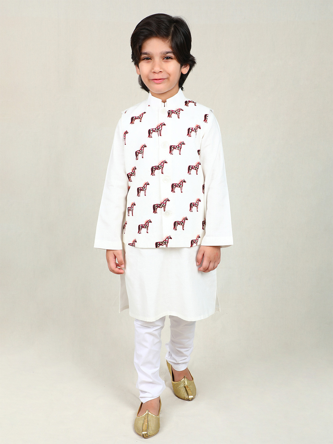Little Clothings Boys Ivory Kurta Set with Embroidered Horse Nehru Jacket