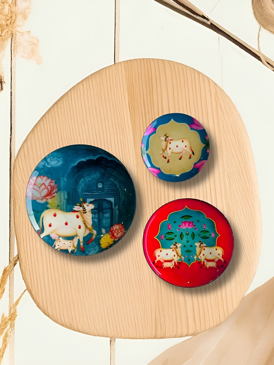 Ritualistic Blue & Red 3 Pcs Pichwai Printed Fridge Magnets