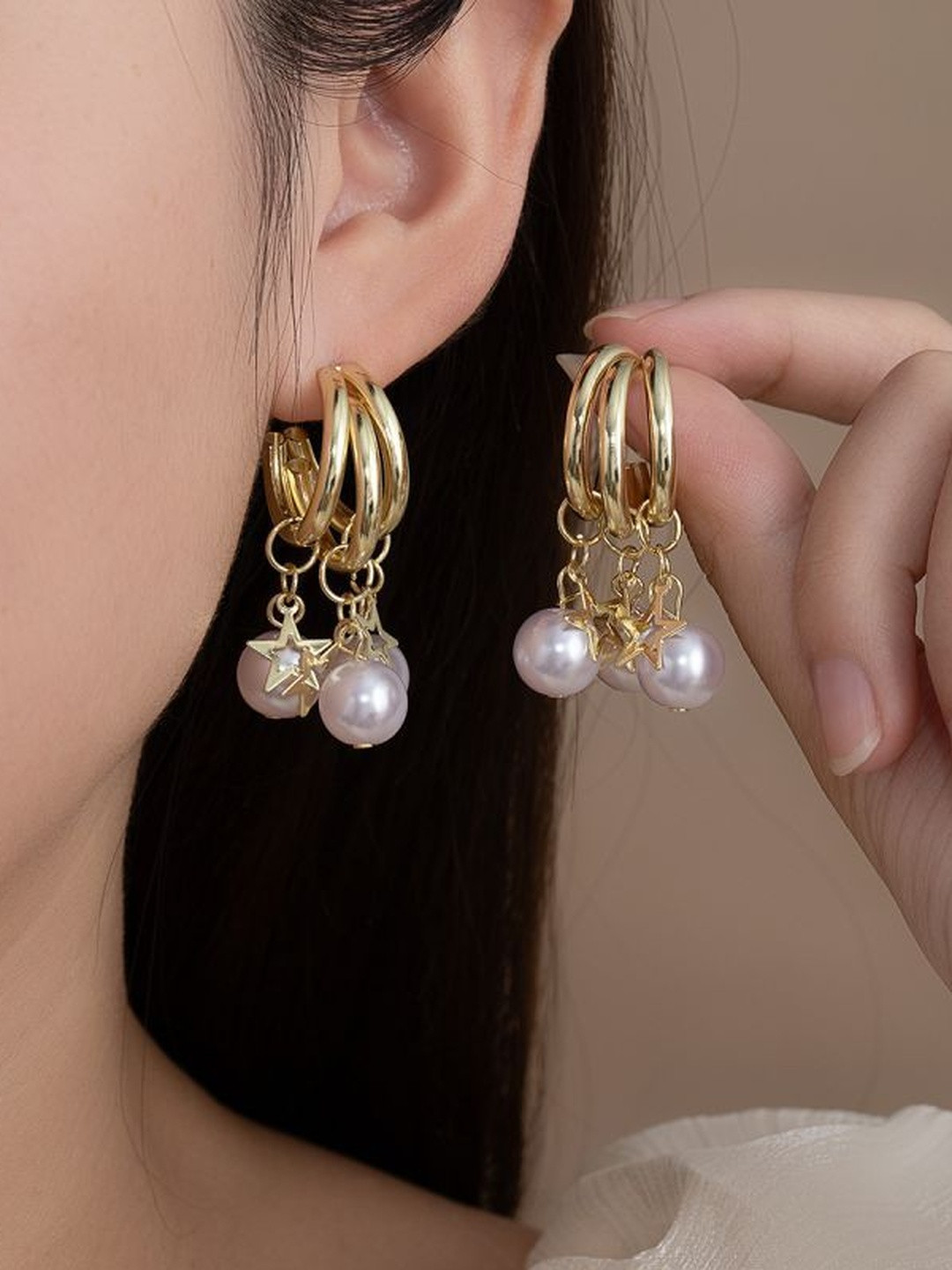 Stoln Pearls Beaded Five-Pointed Star Circular Shaped Hoop Earrings