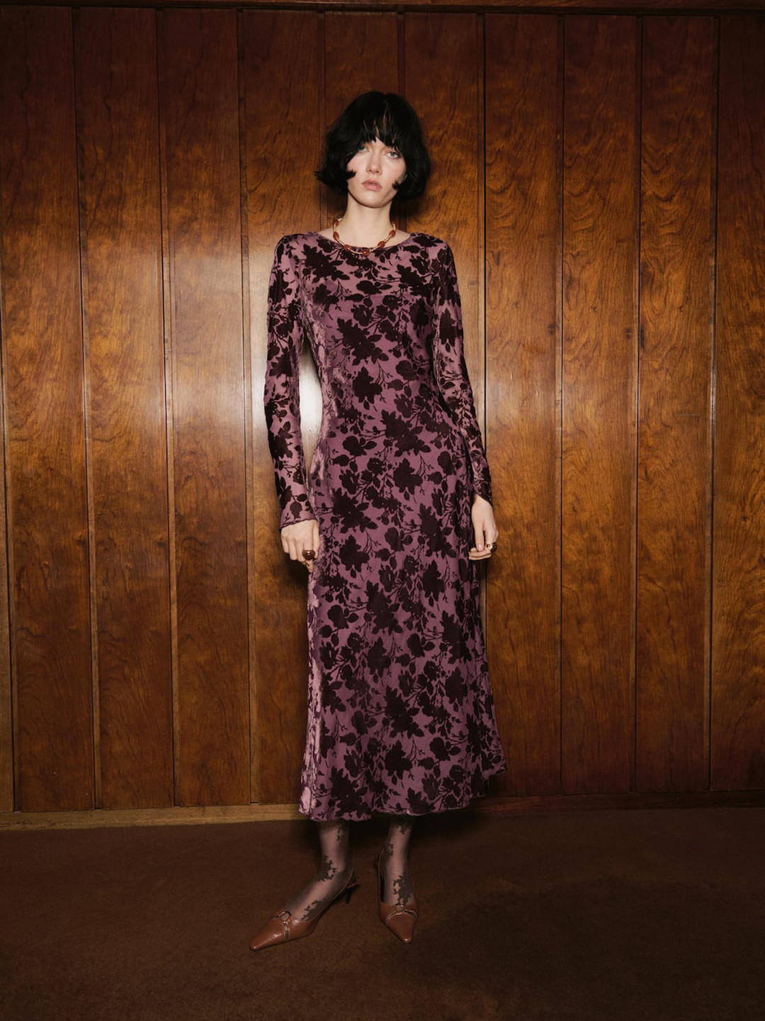 MANGO Floral Self Design Jacquard A-Line Midi Dress