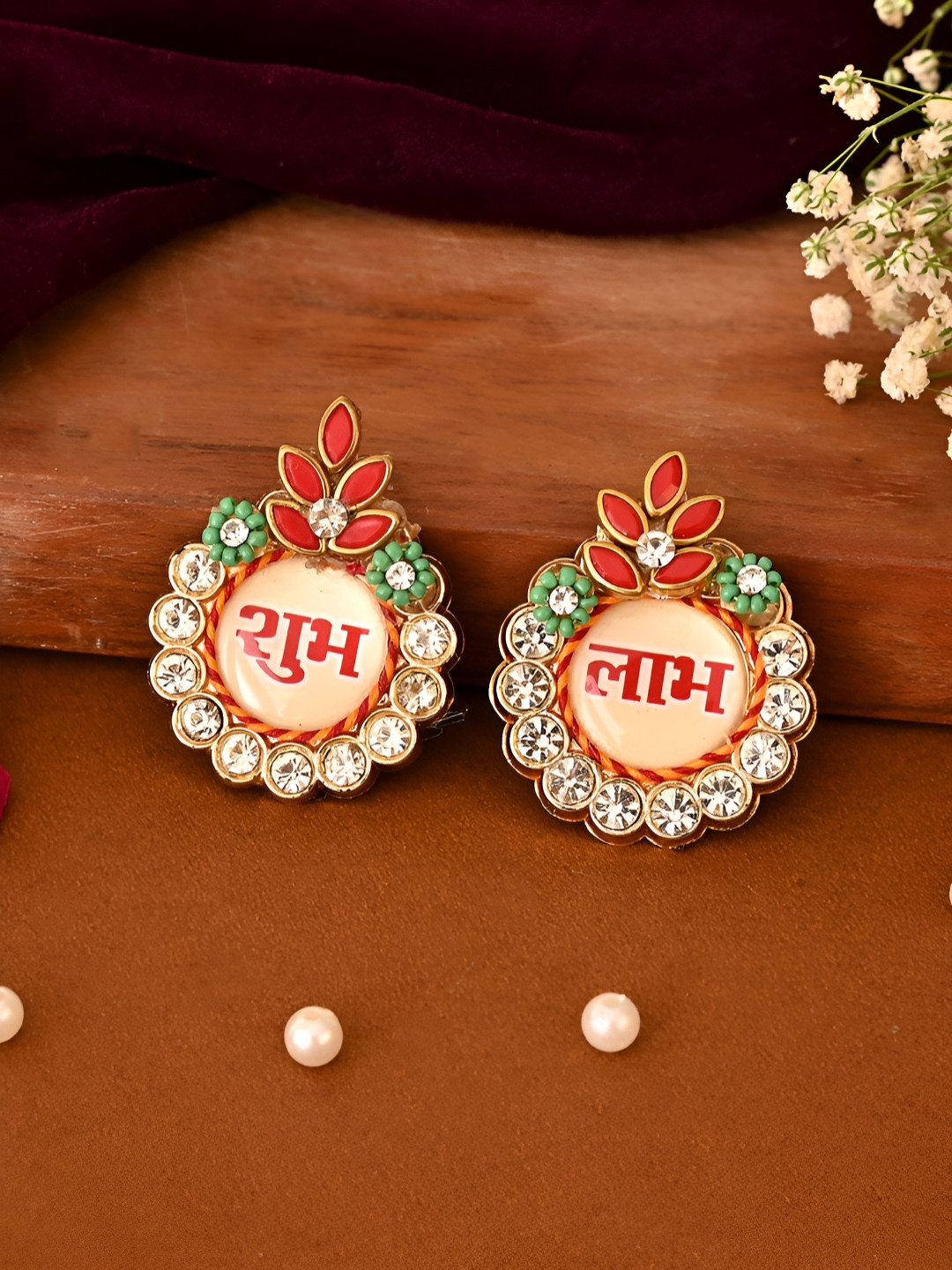 Aapno Rajasthan 2 Pieces Red & White Crystal Studded Shubh Labh Wall Accents Festive Decor