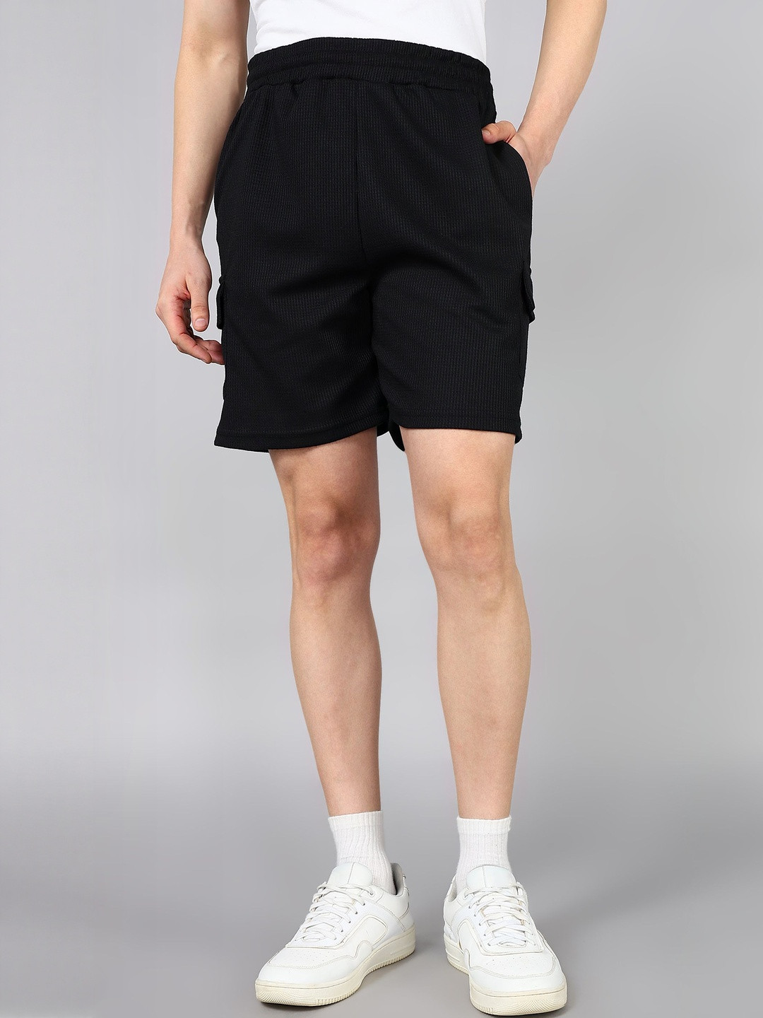 Moda Rapido Men Black Solid Polyester Waffle Shorts