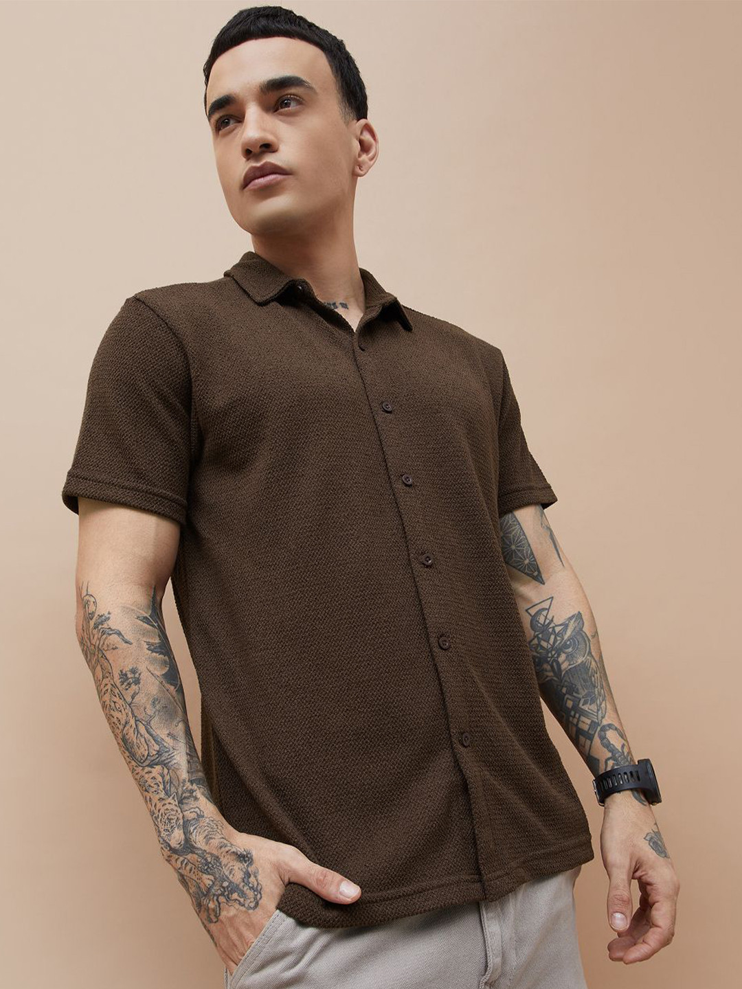 Fame Forever by Lifestyle Textured Spread Collar Cotton Slim Fit Casual Shirt