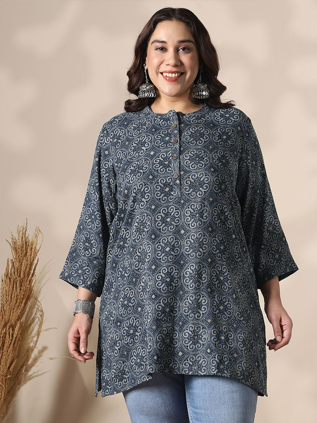 Globus Gloplus Women Blue Mandarin Collar Ethnic Print Button Detail Plus Size Tunic