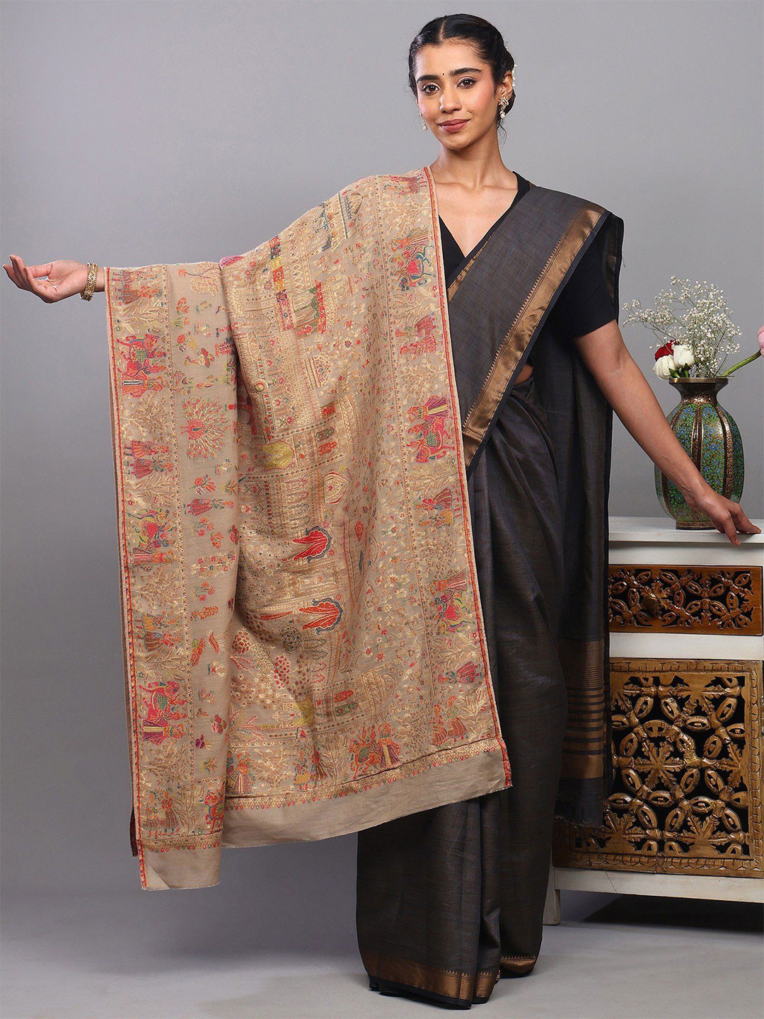 Exotic India Women Ethnic Motifs Woven Design Zari Work Woolen Shawl