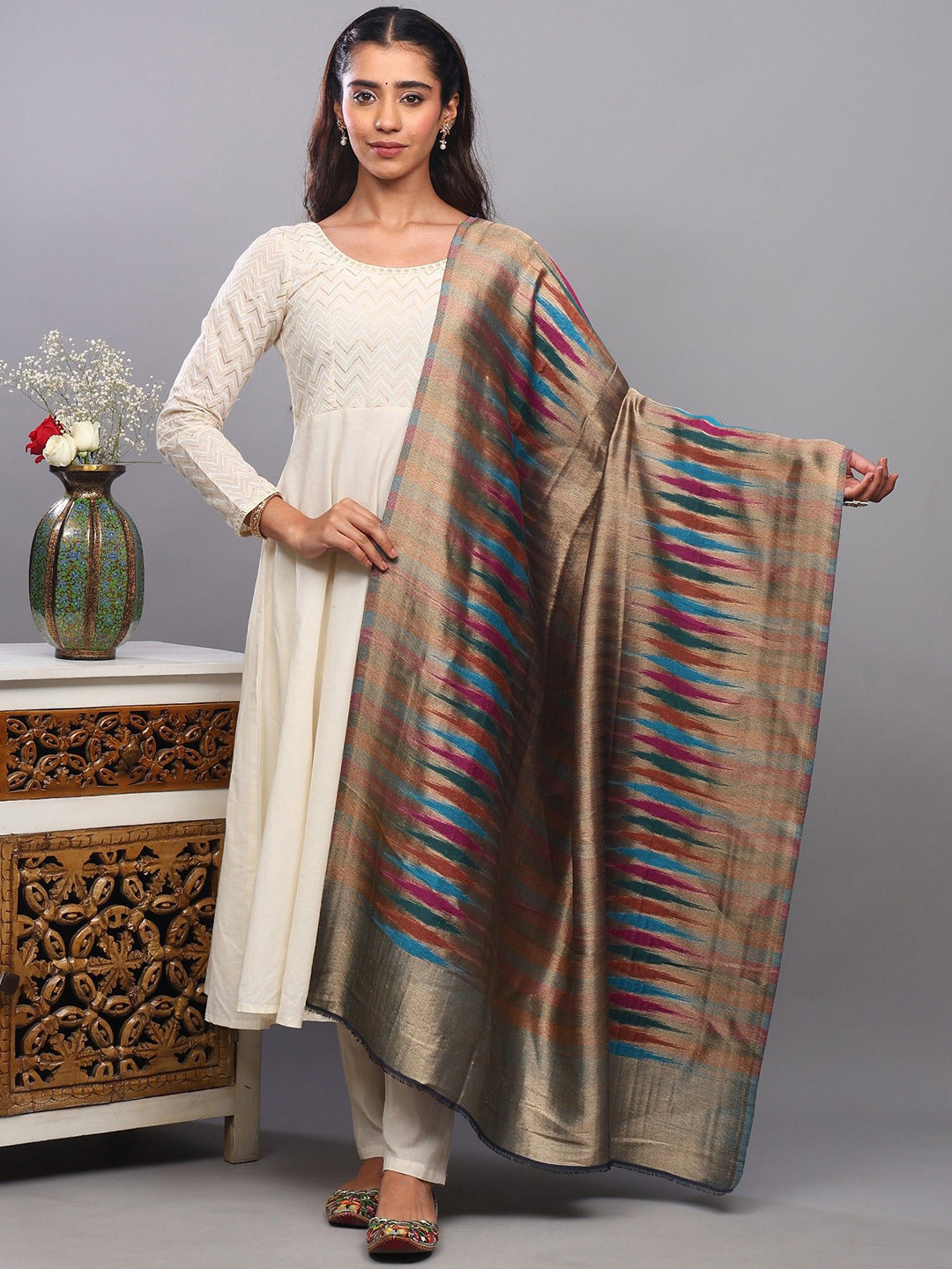 Exotic India Geometric Woven Design Shawl With All-Over Zari Thread Weave