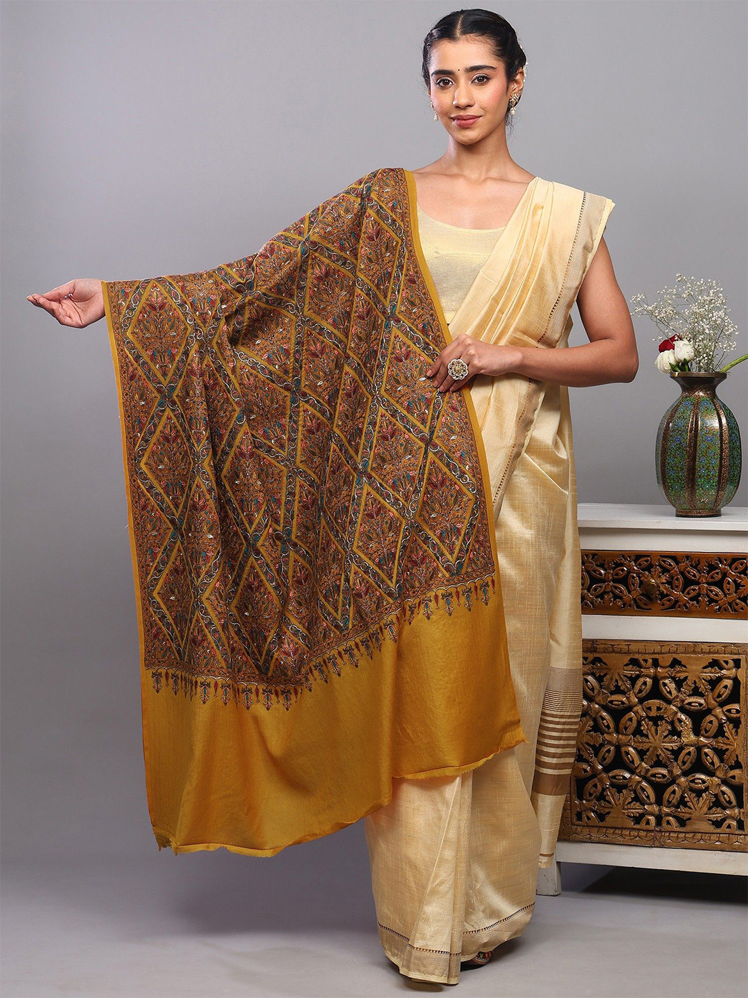 Exotic India Flowers In Diamond Pattern Embroidered Woollen Shawl