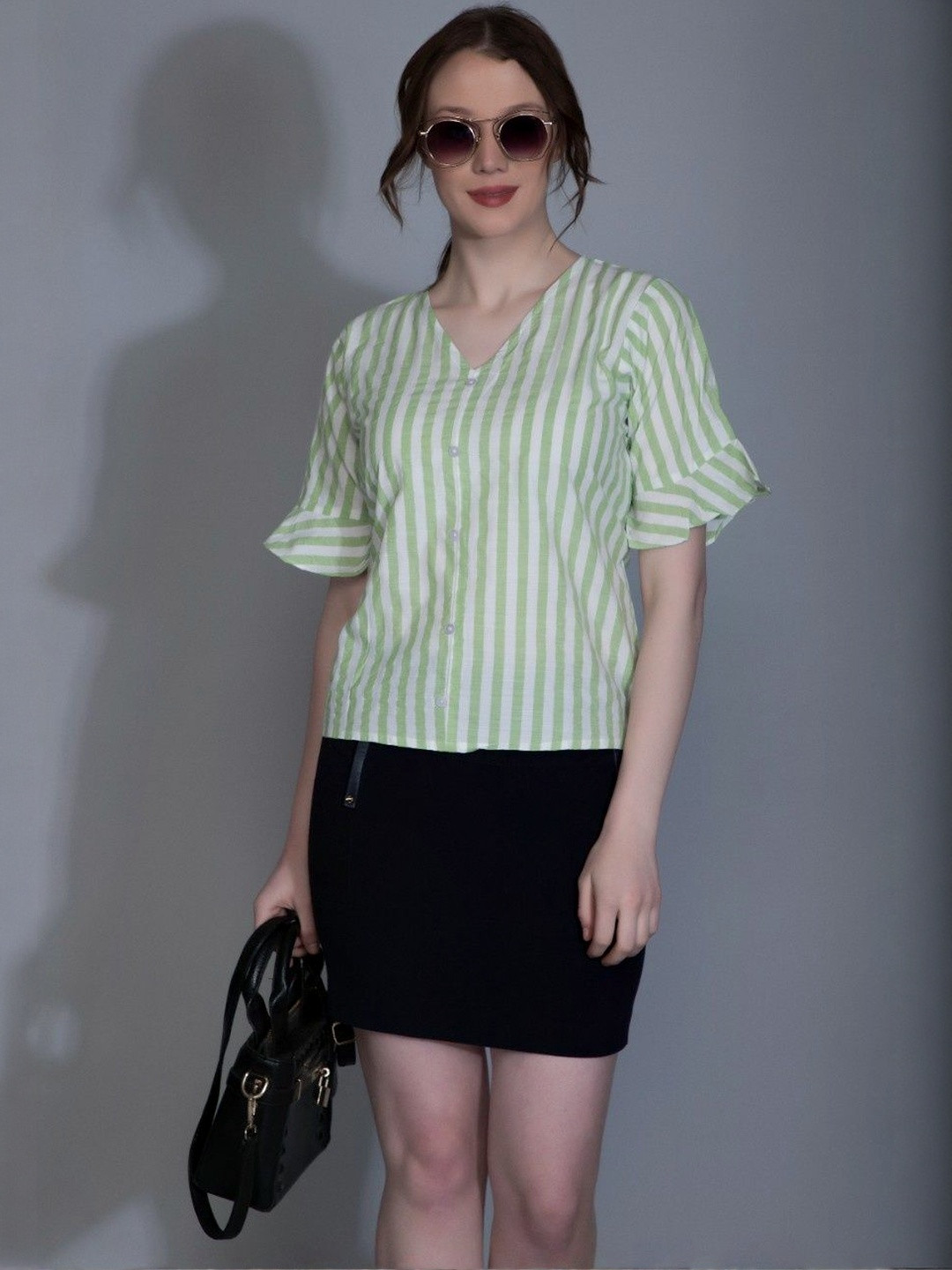 M&H Easy Women Vertical Stripes V-Neck Striped V-Neck Cotton Top Cotton Top