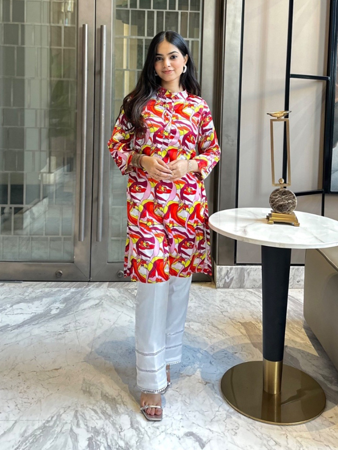 Akaya Printed Mandarin Collar Tunic With Trousers