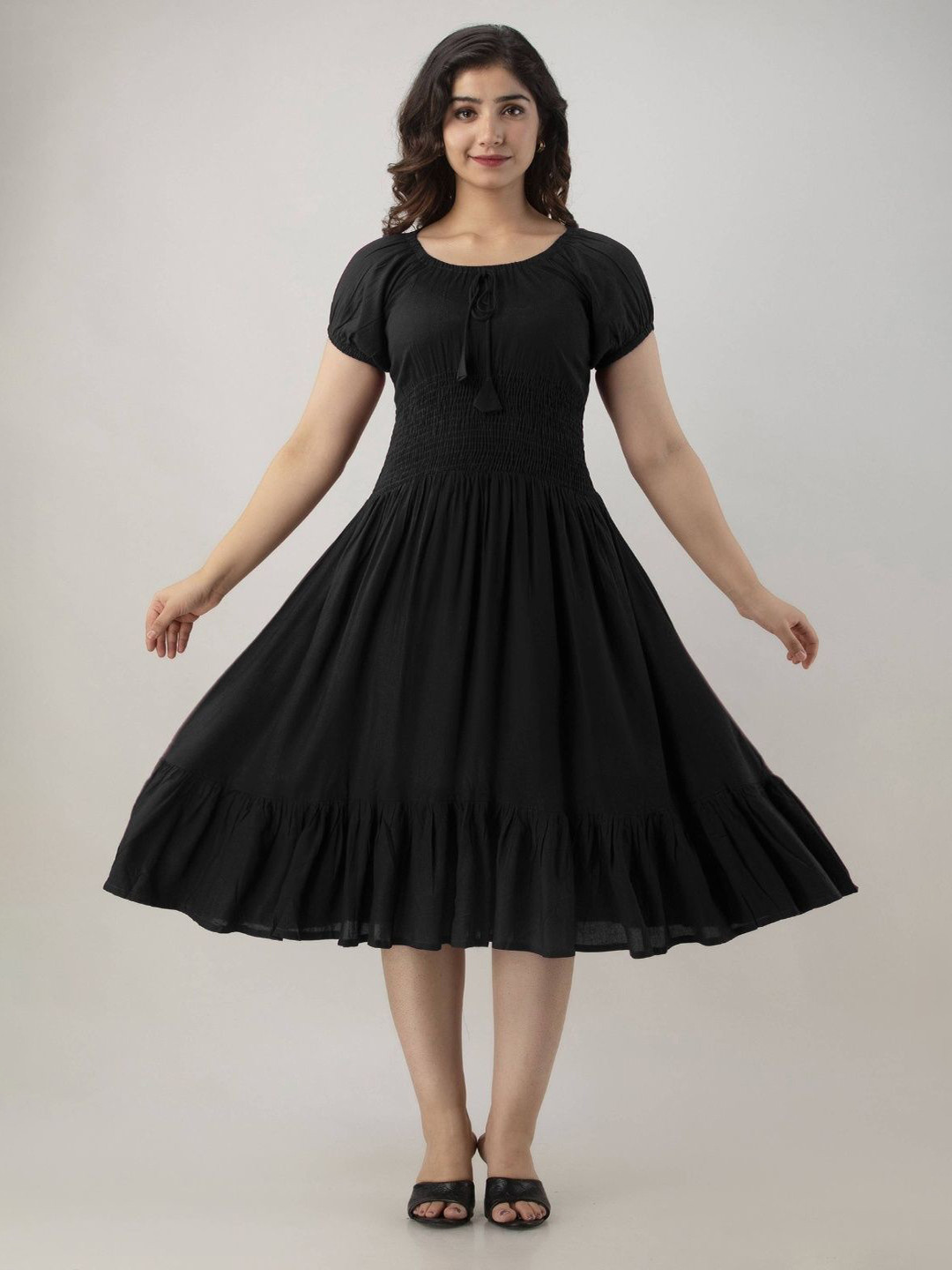 GREAT SELLER Women Solid Smocked Tiered Fit & Flare Midi Dress