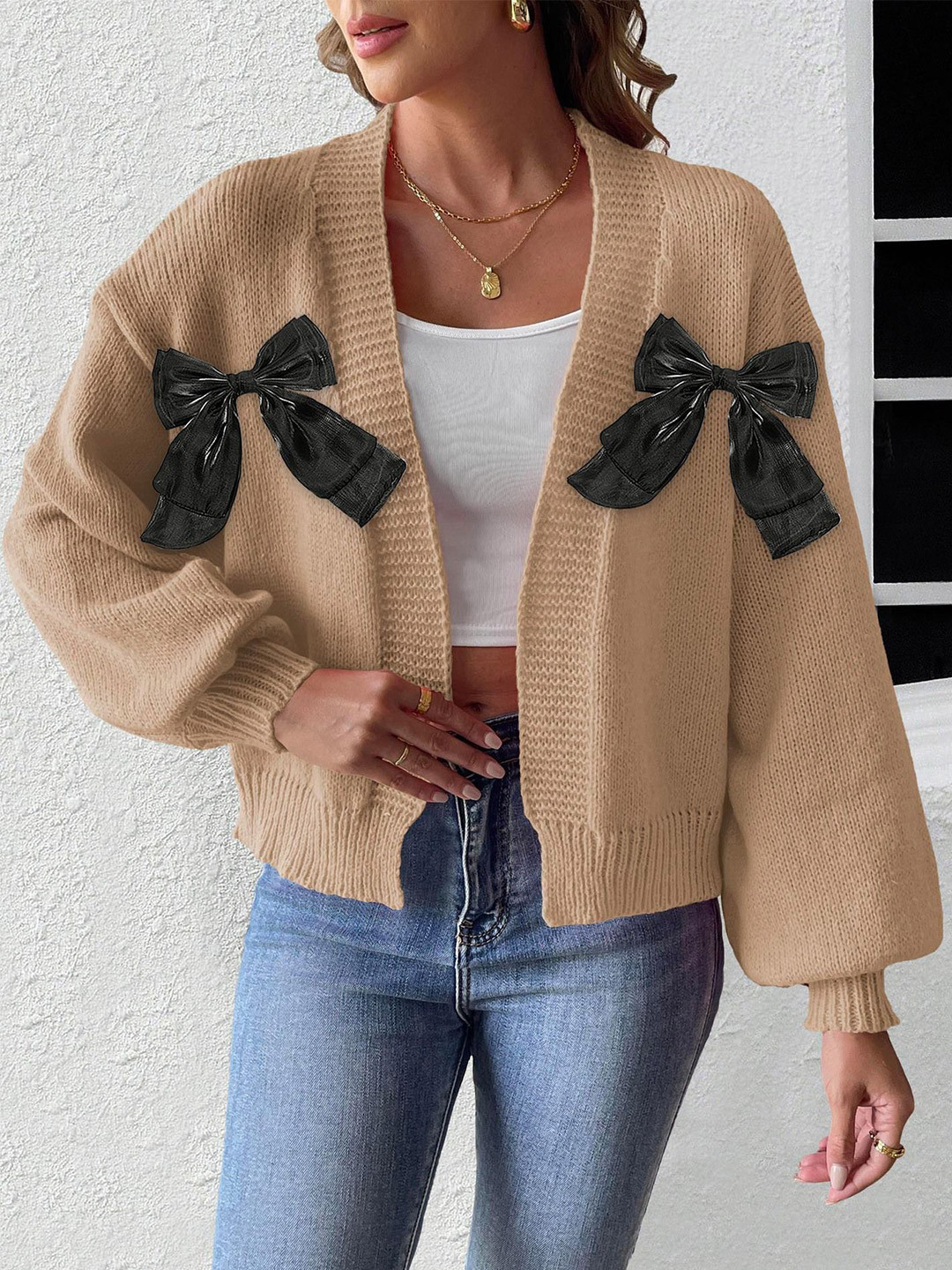 StyleCast x Revolte Women Cable Knit Self Design Embellished Bow Cardigan