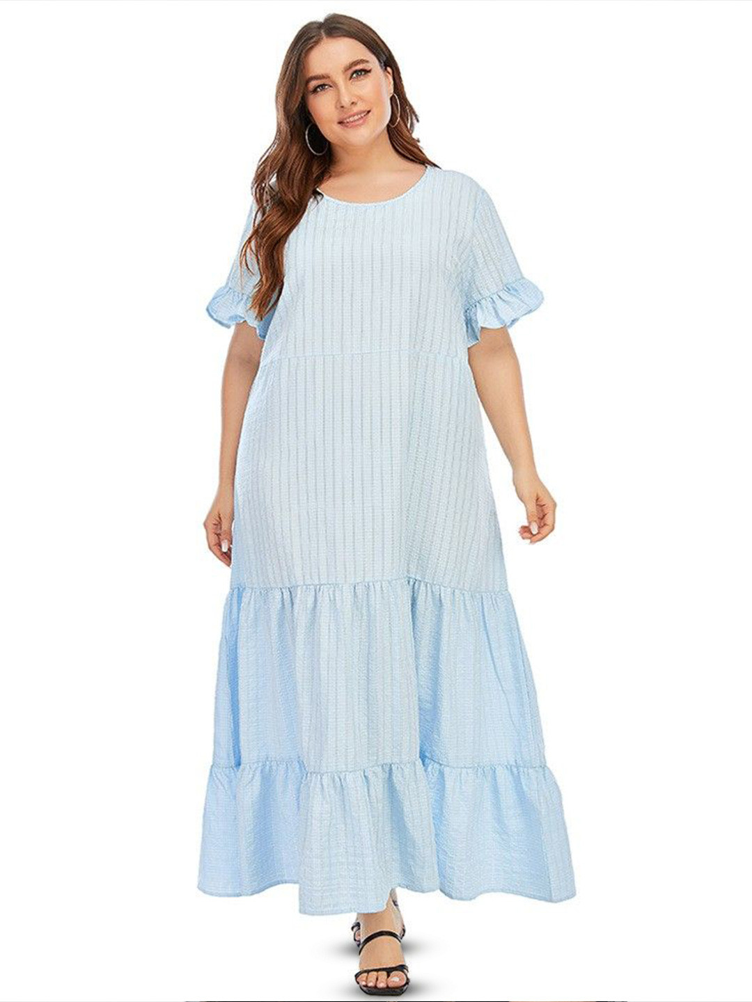 Sztori Light Blue Striped Flutter Sleeve Ruffled Maxi Dress