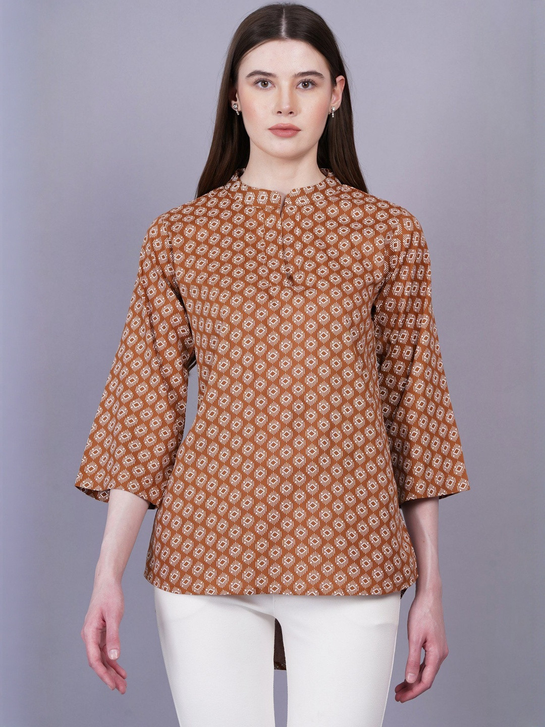 OH MI DIOS Print Women Ethnic Motifs Printed Mandarin Collar Regular High-Low Top