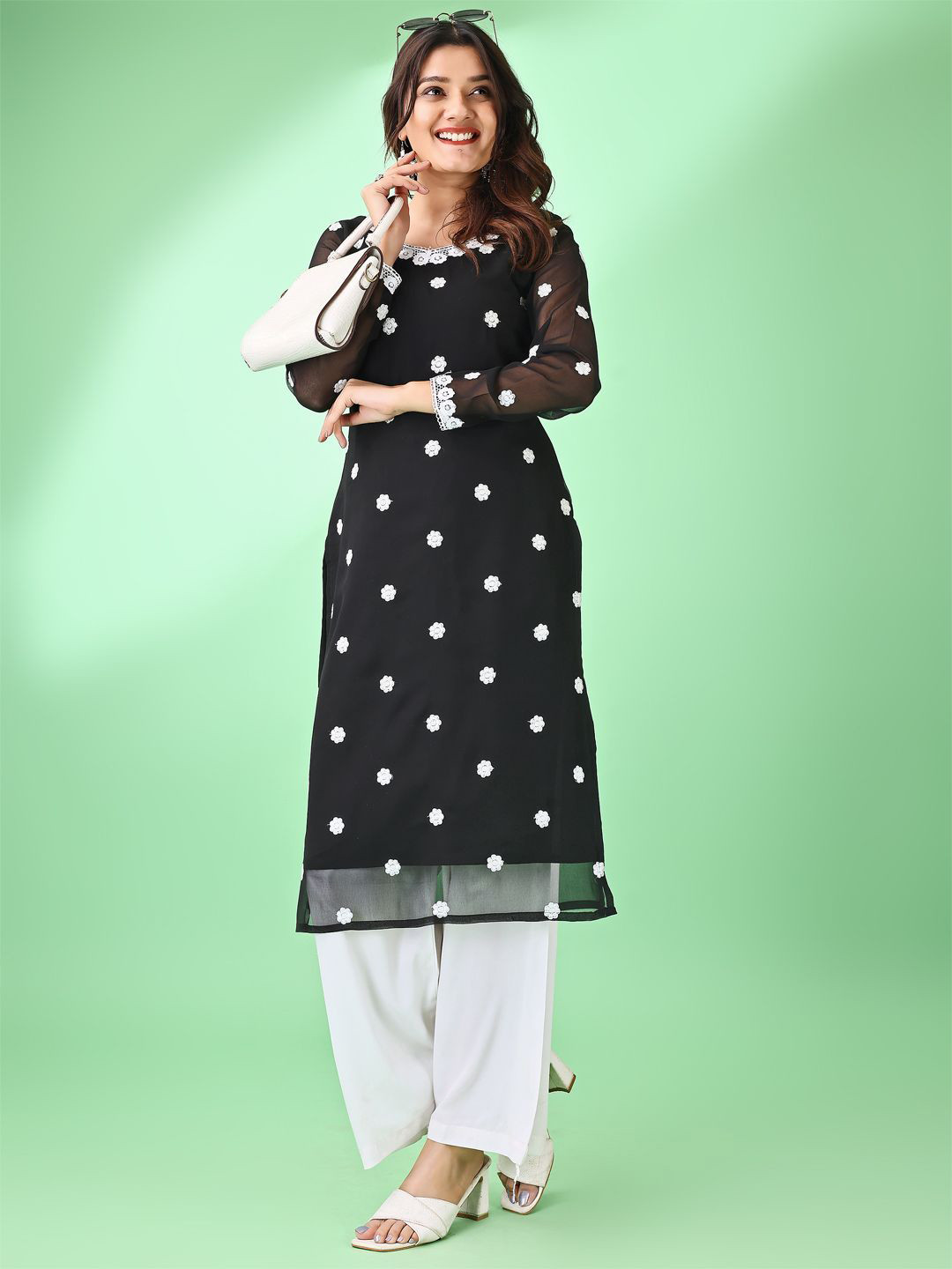 HESVI Women Embroidered Chikankari Georgette Kurta