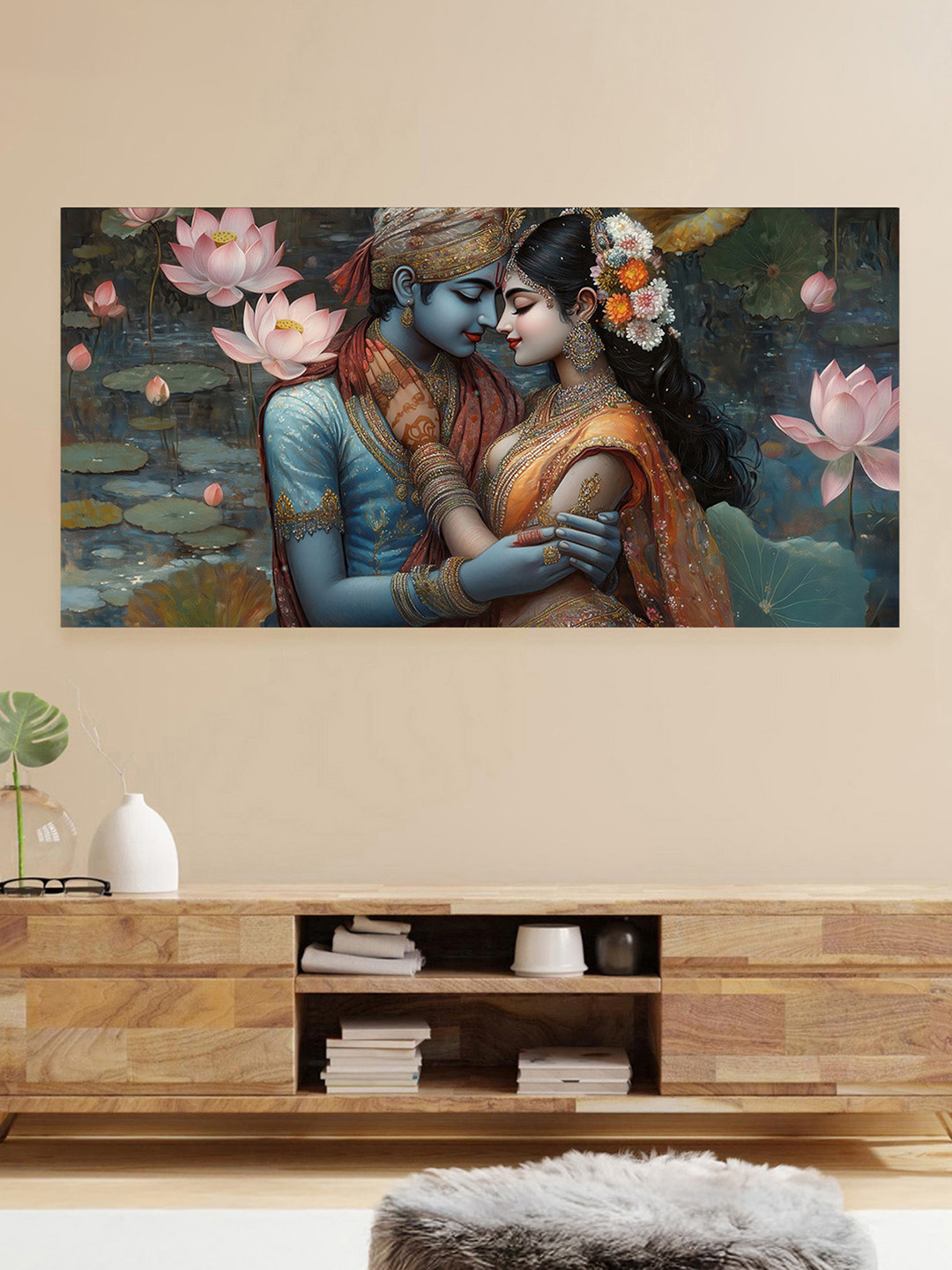 nestroots Green Pattachitra Playfulness of Krishna and Radha Canvas Wall Painting