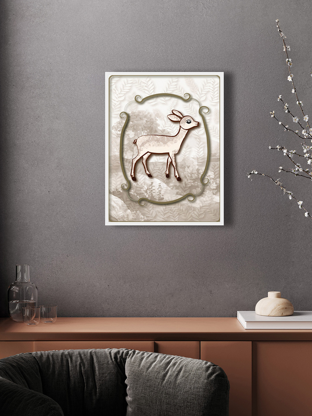 nestroots Beige & Brown Fawn Ferns Canvas Wall Art