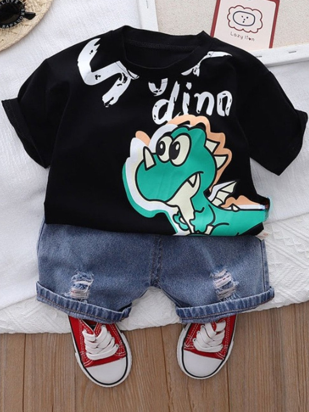 KIDNIP Boys Black Dino Print T-Shirt & Denim Shorts Set