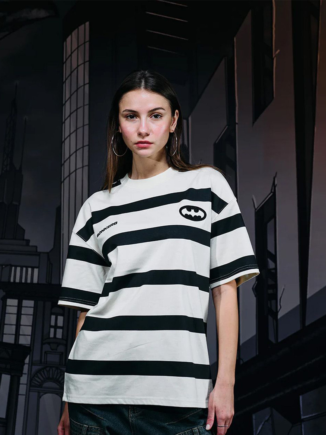 Bonkers Corner Women Batman Striped Round Neck Cotton T-shirt